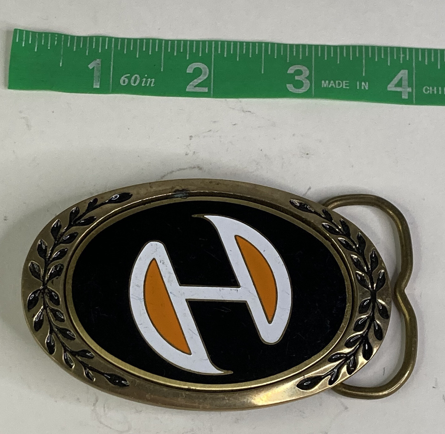 Vintage Solid Brass Black White & Orange 3” Oval Belt Buckle