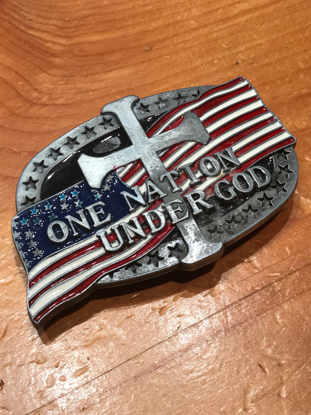 CLASSIC ONE NATION UNDER GOD ENAMEL AMERICAN FLAG BELT BUCKLE