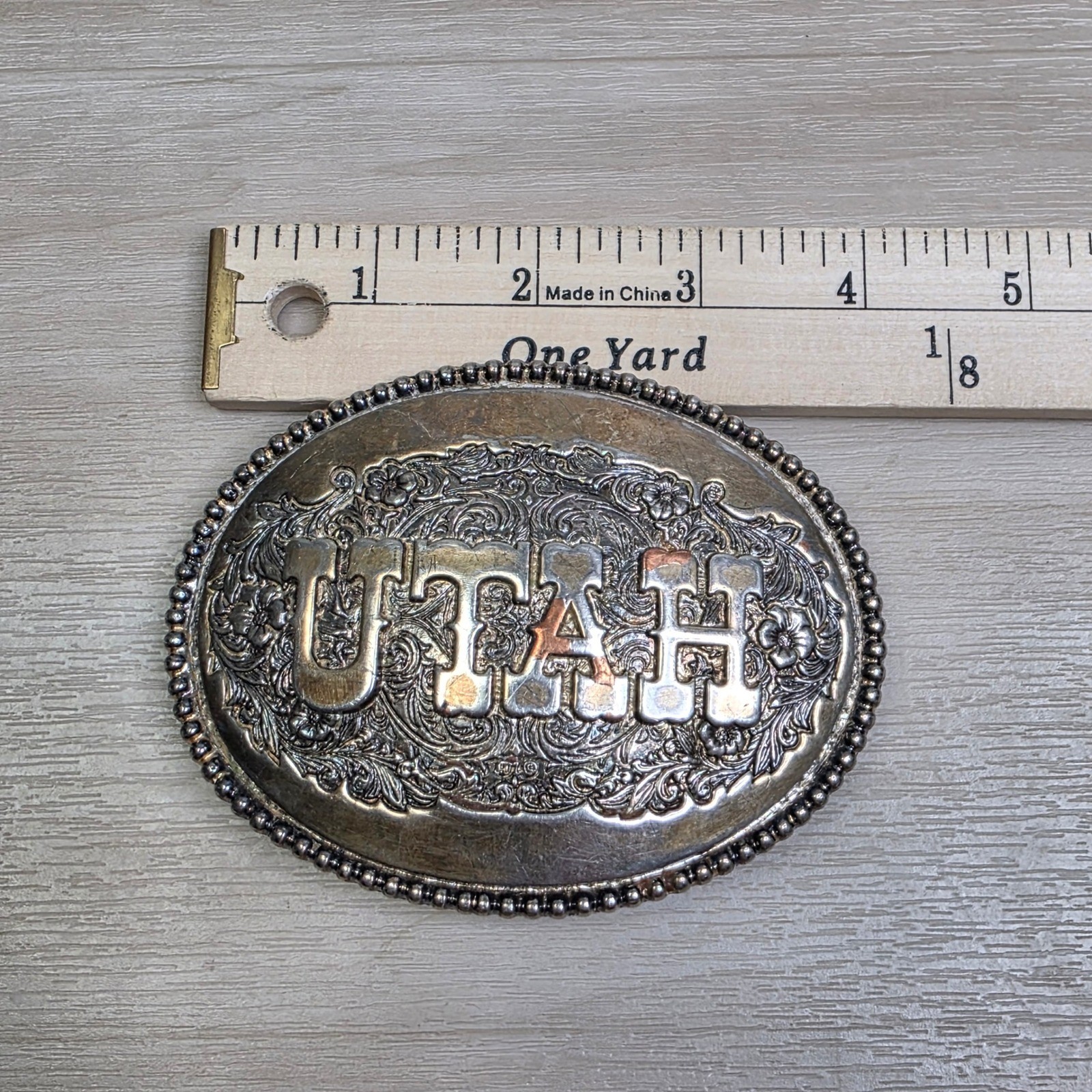 Vintage Utah Belt Buckle Silver Tone Floral Scroll Swirl Western Oval