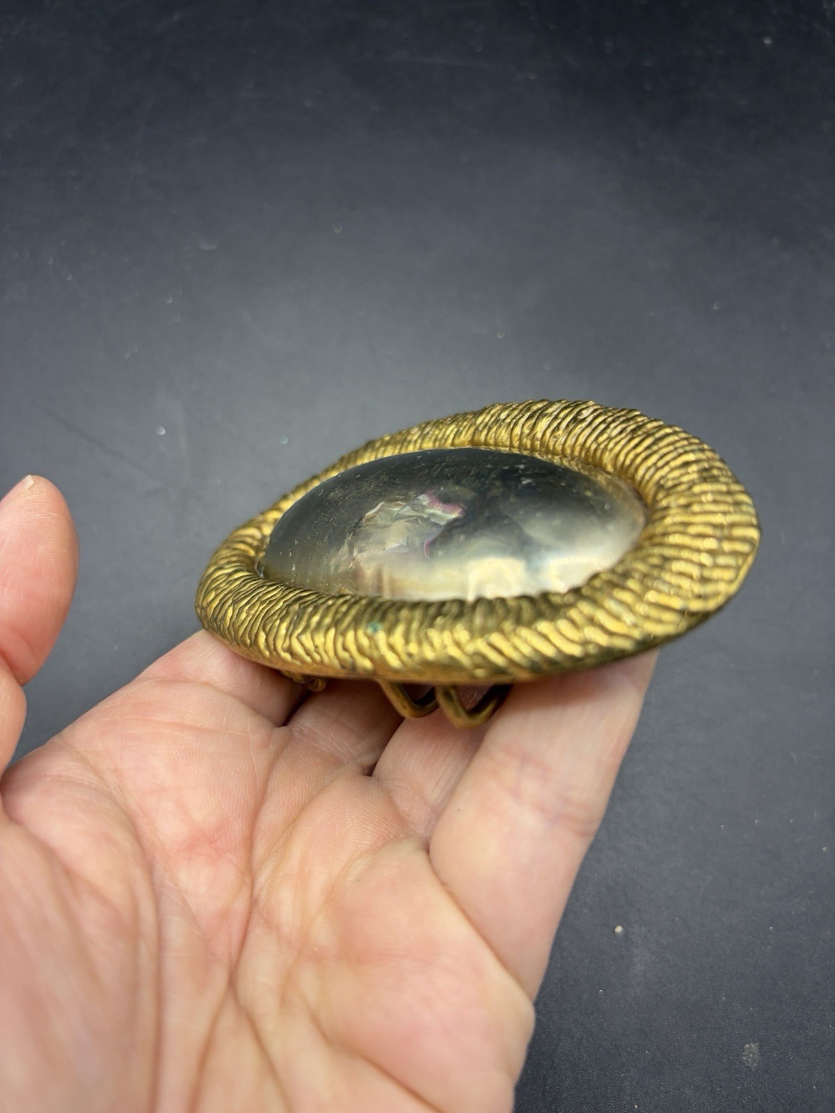 Vintage Two Tone Brass Silver Oval Belt Buckle Modernist Brutalist Western 4”L