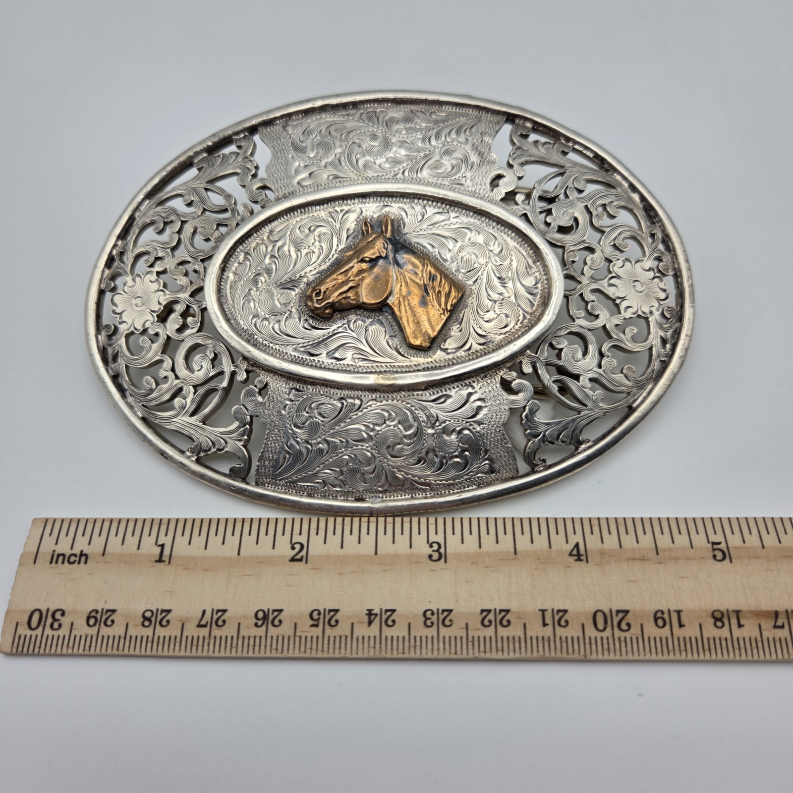 Men&rsquo;s Western Large Ornate Silver Overlay Belt Buckle With Copper Horse