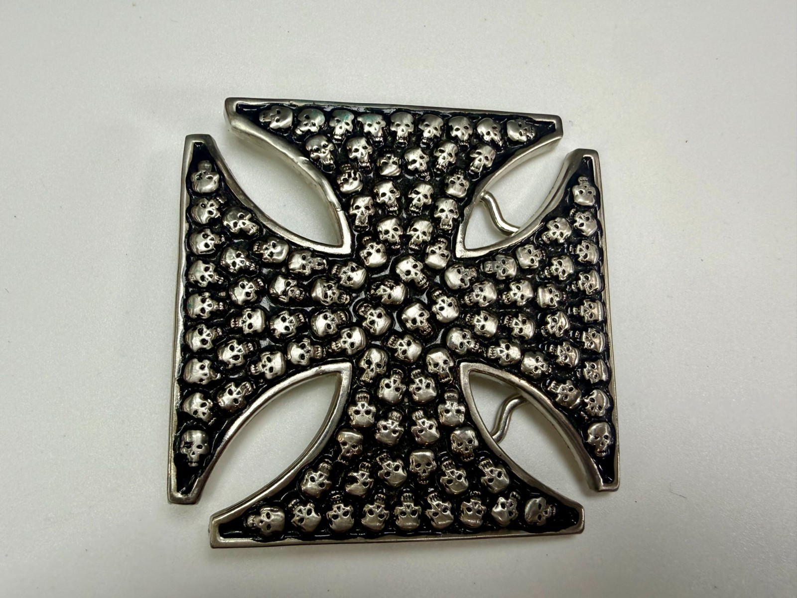 Celtic Iron Cross Shaped with Engraved Tiny Skulls Gothic Cutout Belt Buckle