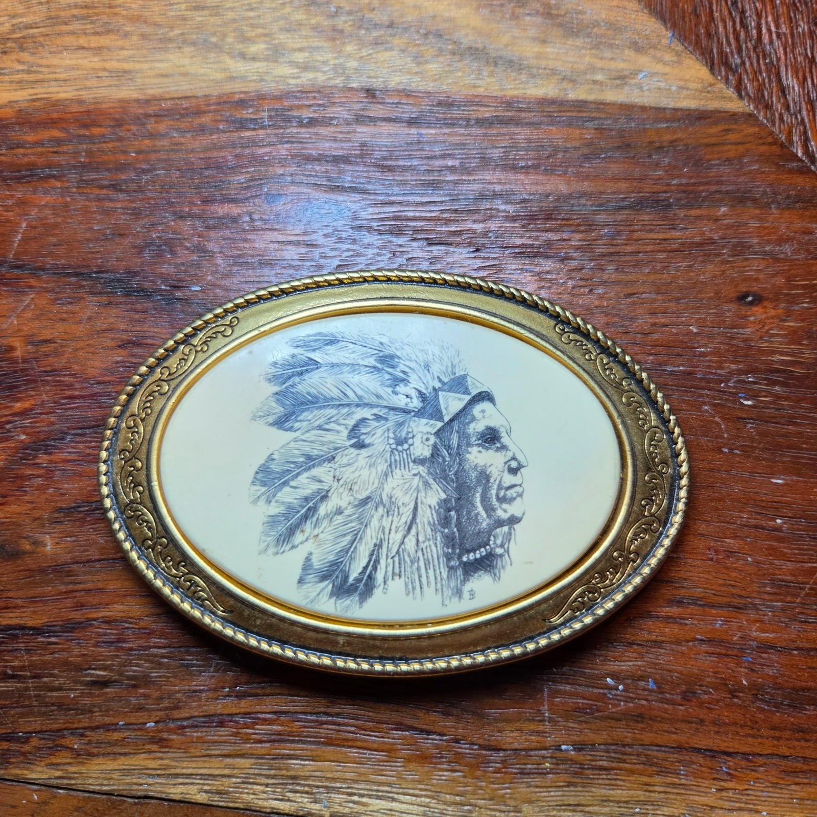 Barlow Indian Chief Belt Buckle Vintage USA Scrimshaw Style Gold Tone Oval