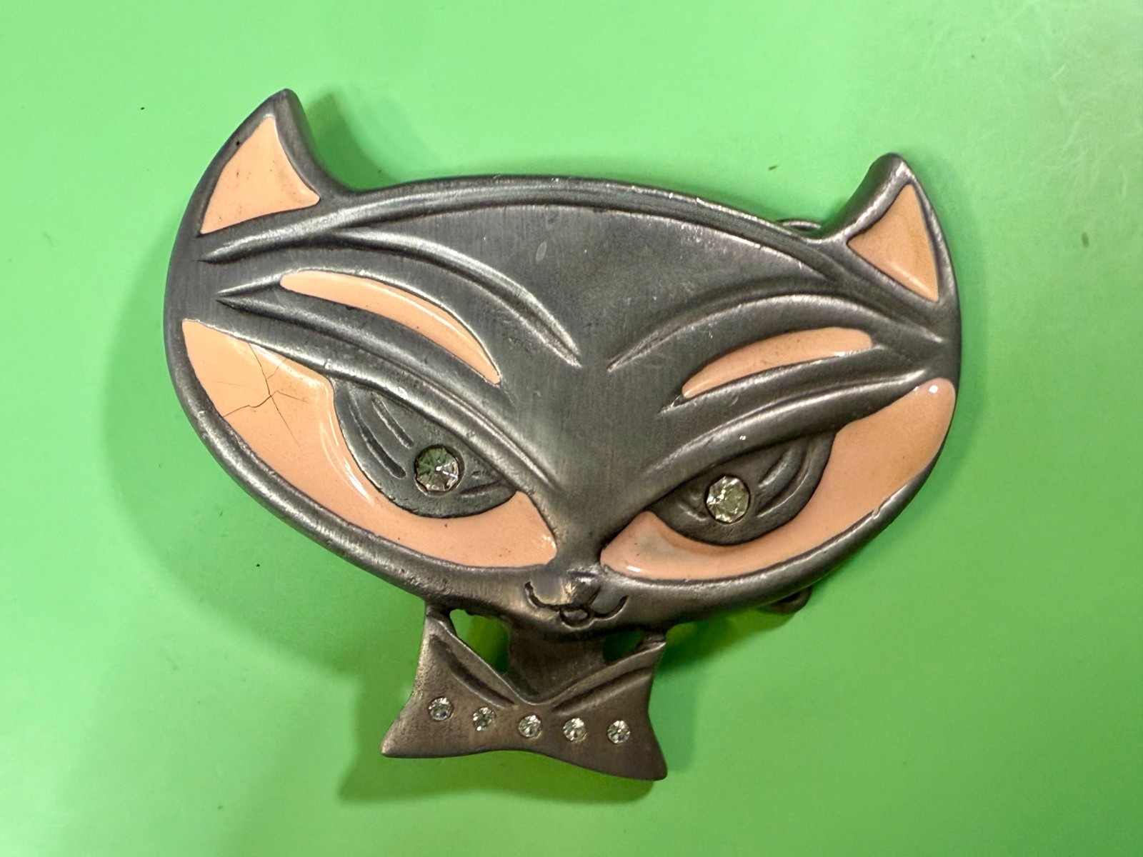 Cute Kitty Cat Head with Bowtie Clear Rhinestone Eye Belt Buckle by Heavy Metal