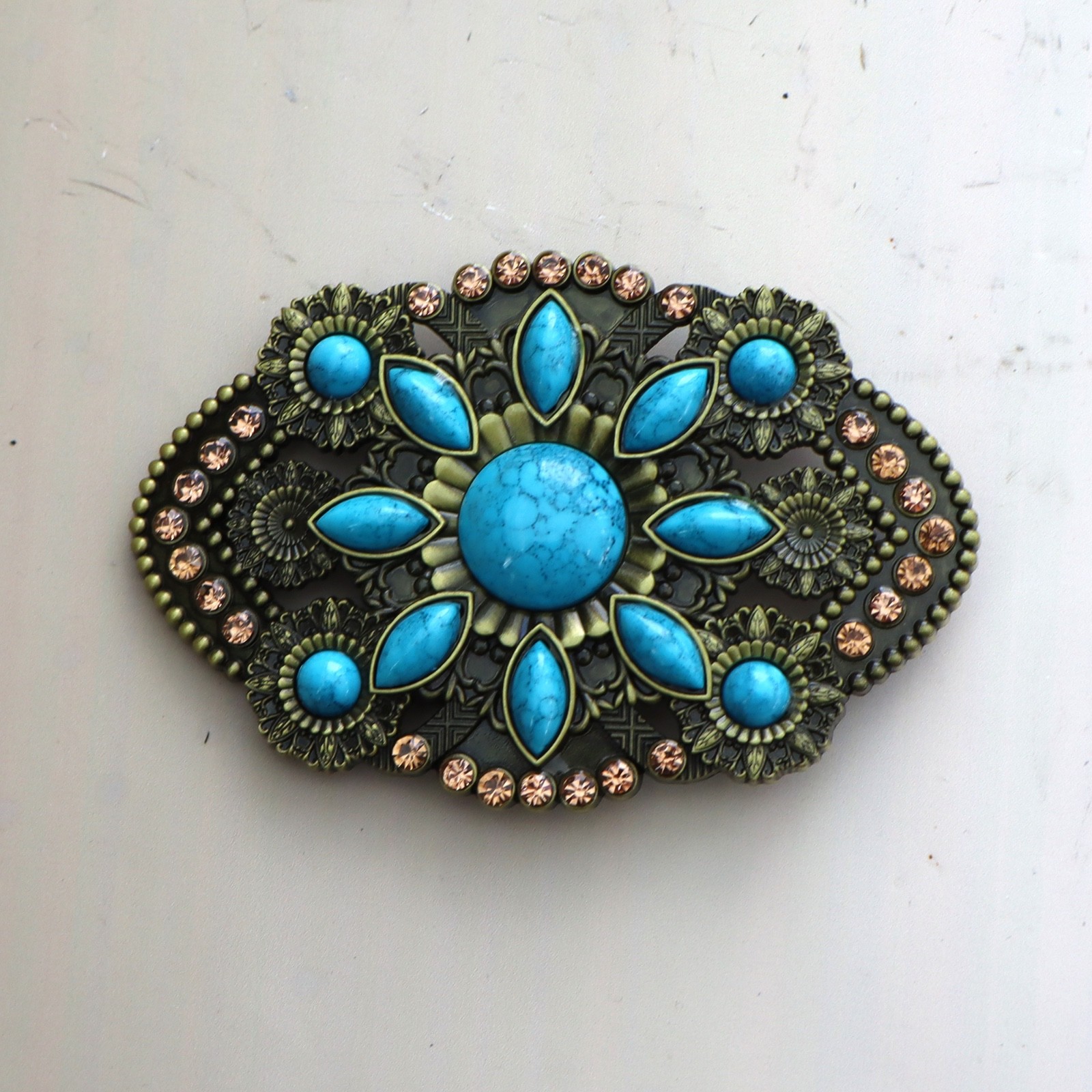 Large Oval Belt Buckle Black w Faux Turquoise Unisex 4”