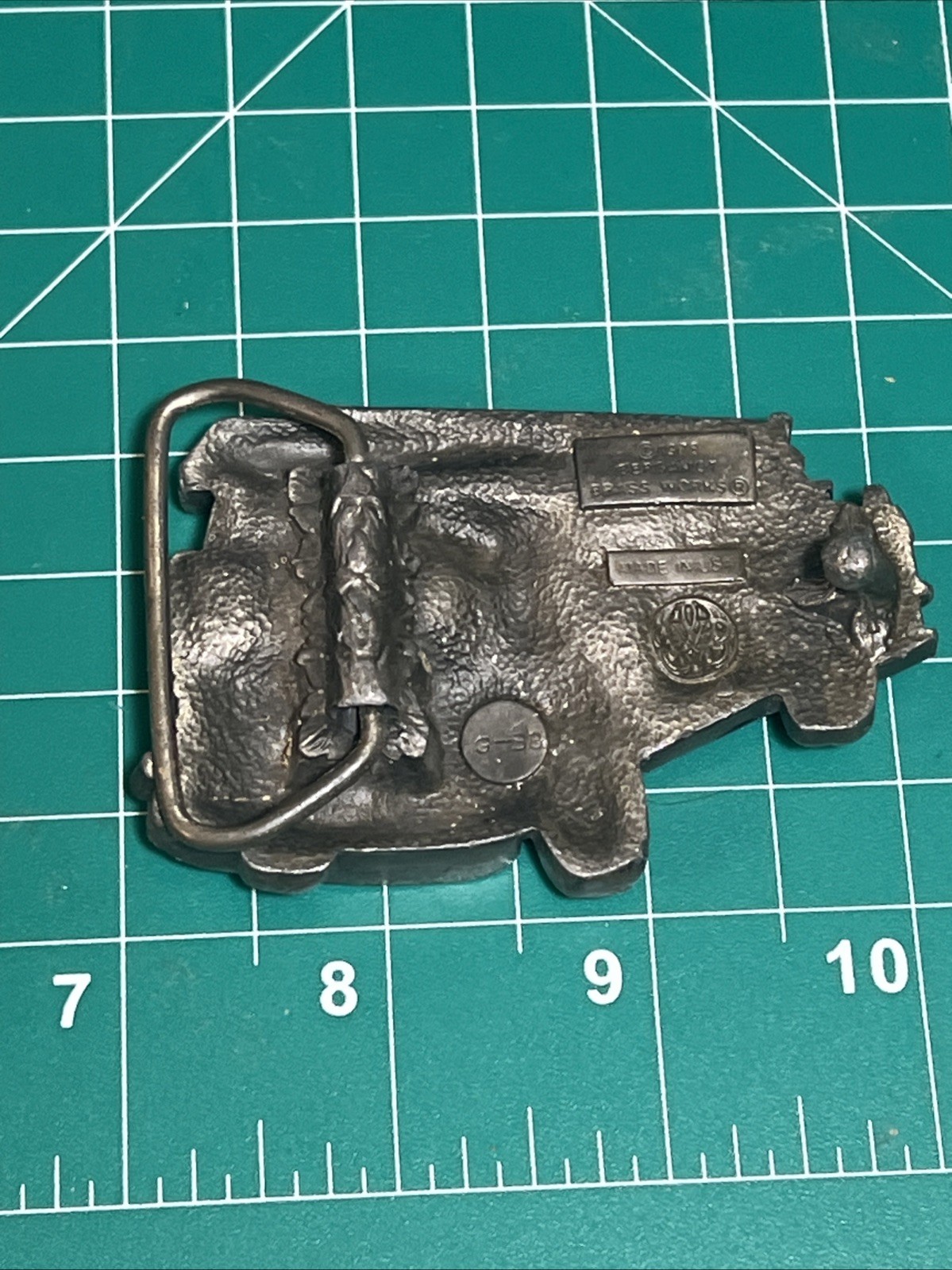 RED FIRE LADDER TRUCK SHAPED CUTOUT BELT BUCKLE BERGAMOT BRASS WORKS USA 1978
