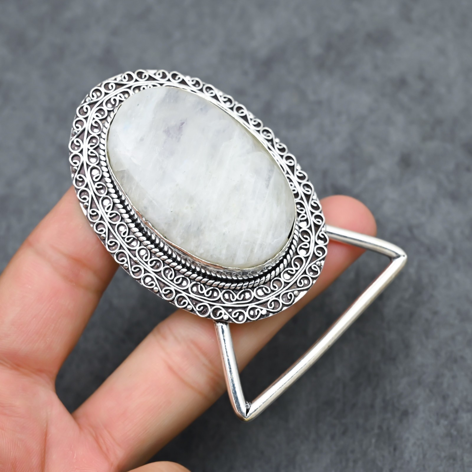 Handcrafted 925 Sterling Silver Natural Rainbow Moonstone Belt Buckle
