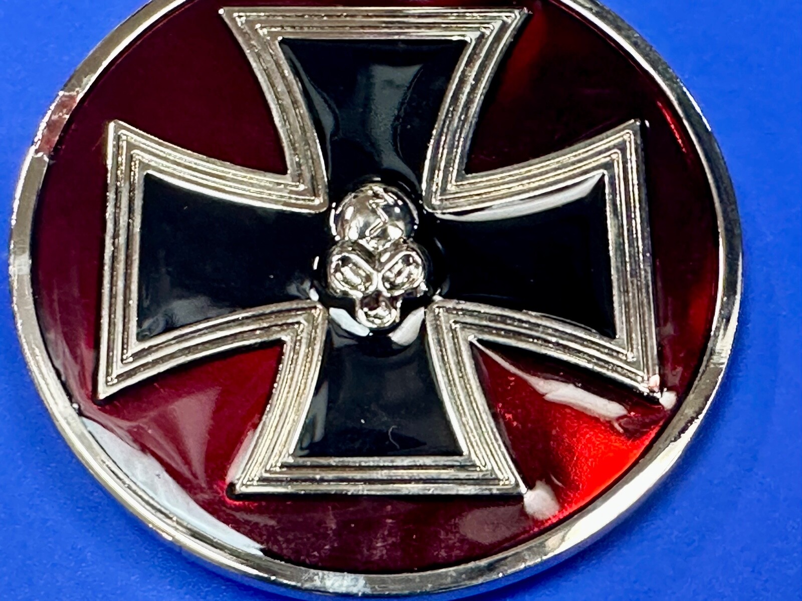 Enamel Round Iron Maltese Cross With Centered Silver Color Skull Belt Buckle