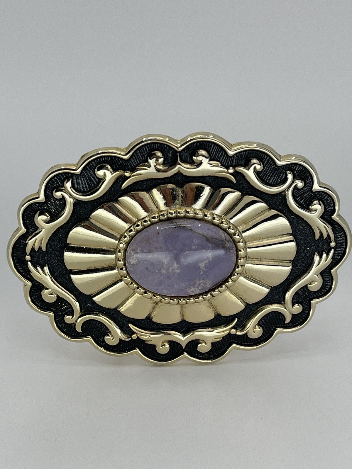 Belt Buckle Lavender Jade Cabochon oval gold tone black enamel background