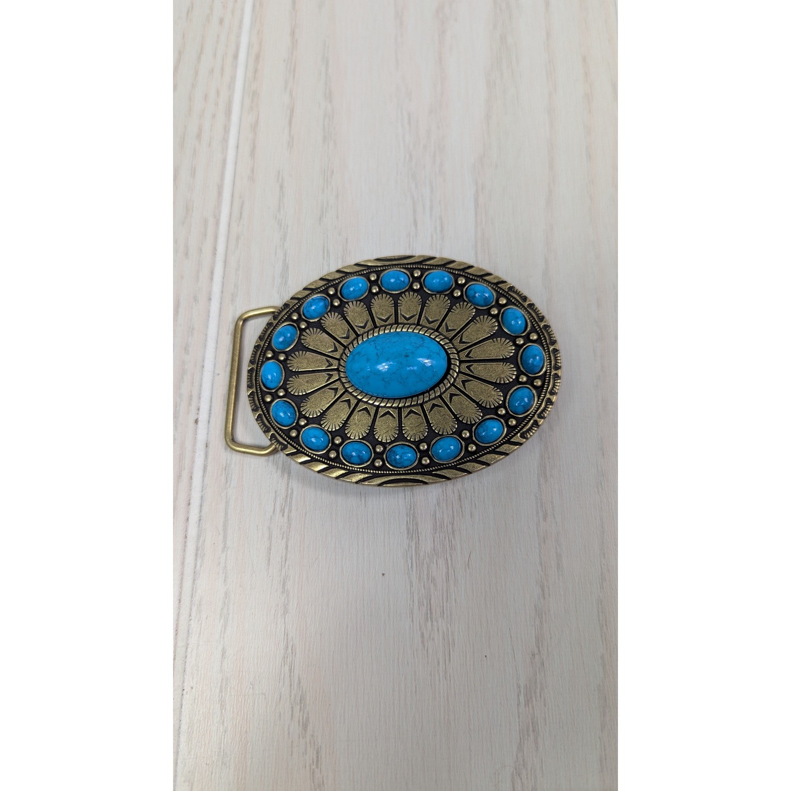 Belt Buckle Blue Faux Turquoise Western Oval Antiqued Gold Tone
