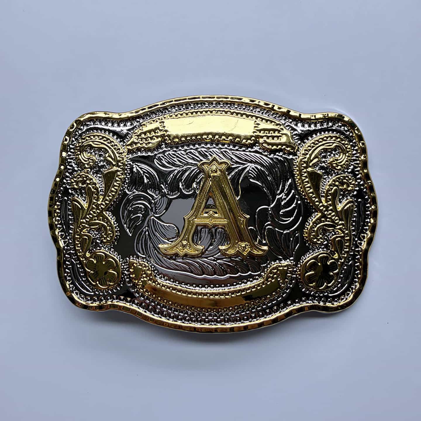 Bright Silver With Gold Initial Letter A-Z Cowboy Cowgirl Rectangle Belt Buckle