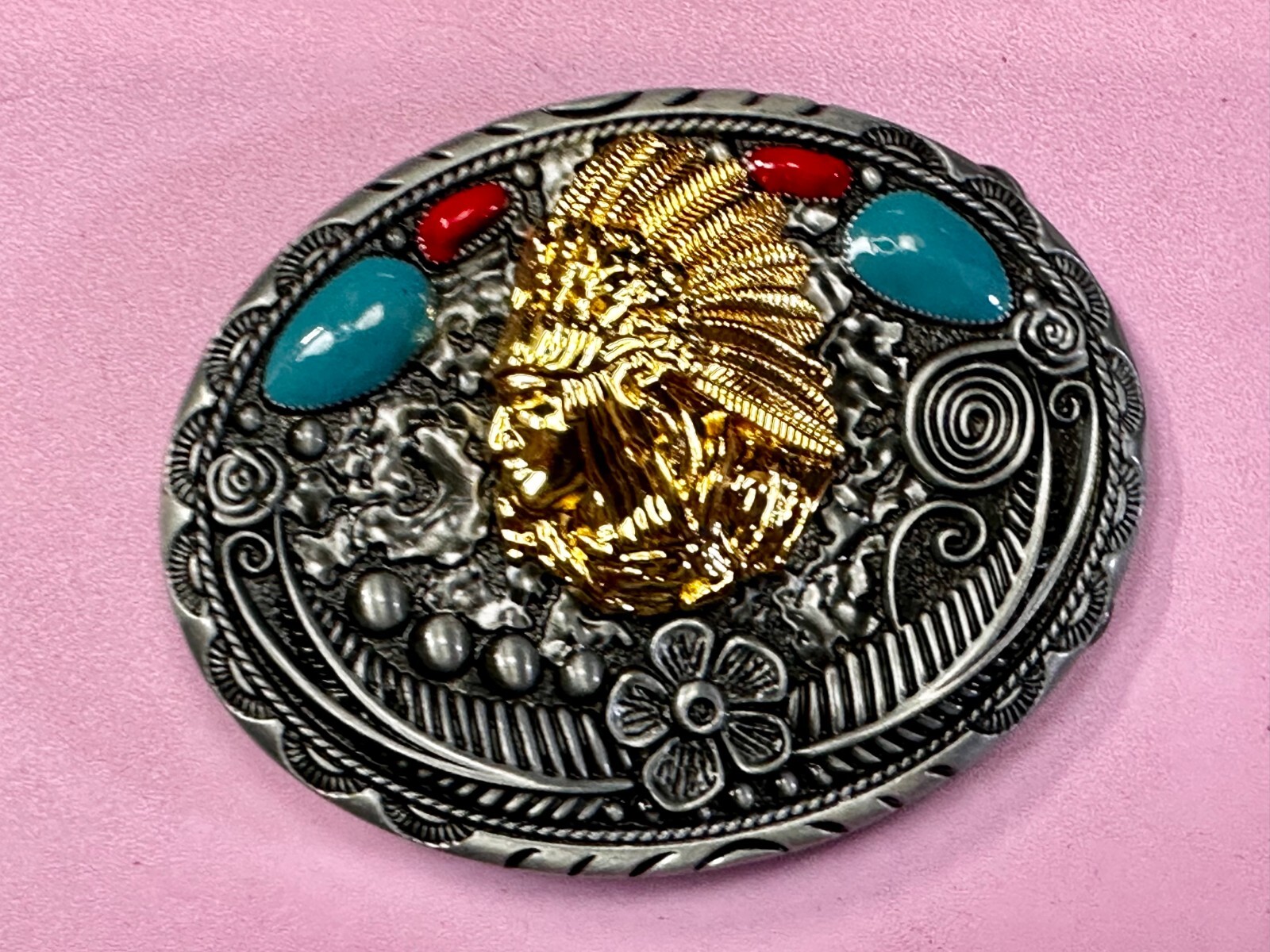 Native American Indian Chief in Head Dress Faux Turquoise & Coral Belt Buckle