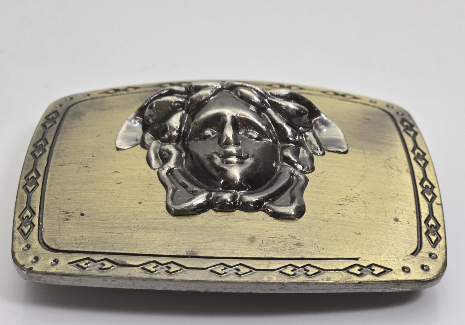 Vintage Style Medusa Belt Buckle Gold & Silver Tone Rectangular Snap On