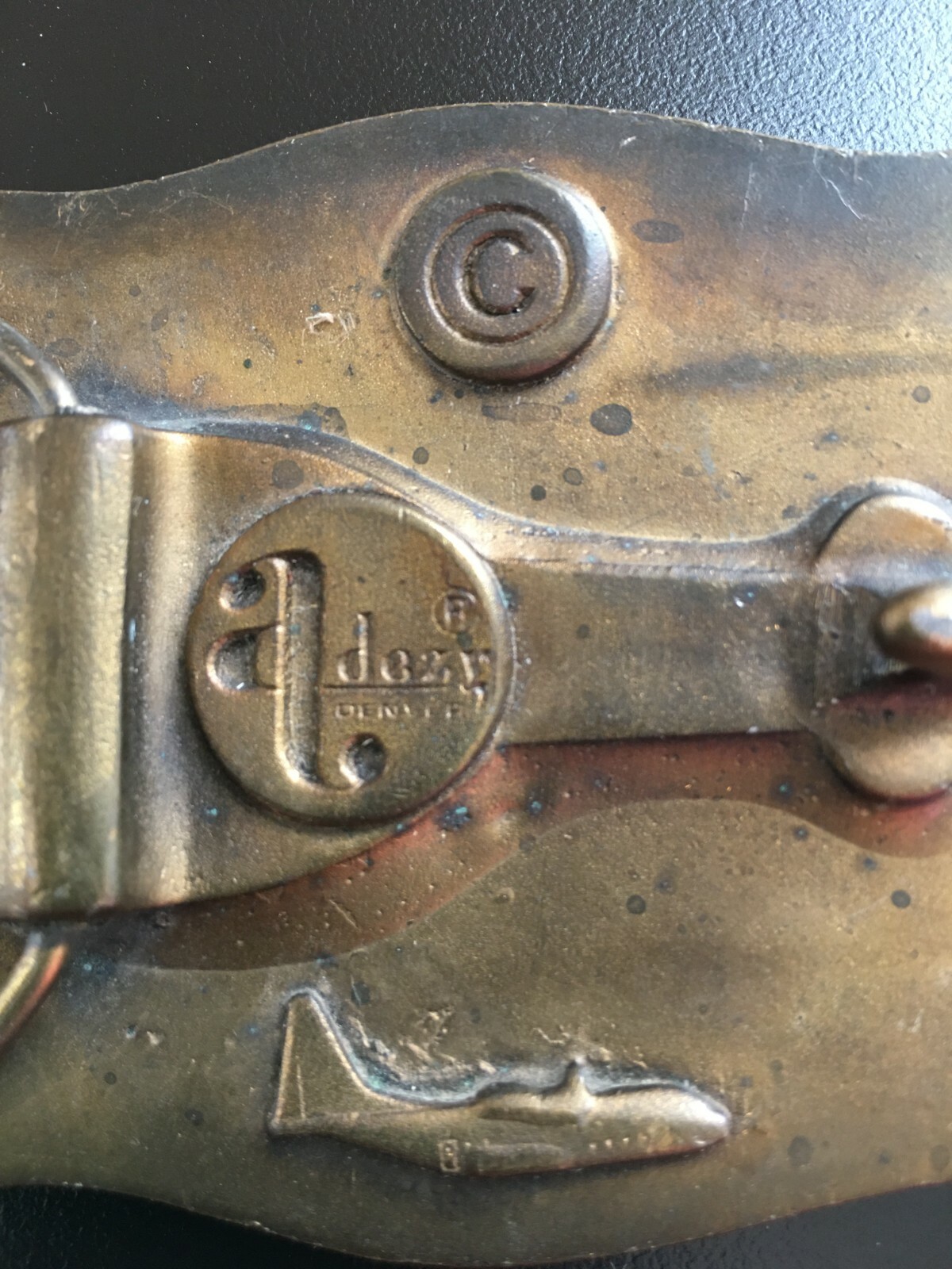 Vintage ADEZY Denver CO Solid Brass Belt Buckle Biplane Airplanes Steam Train