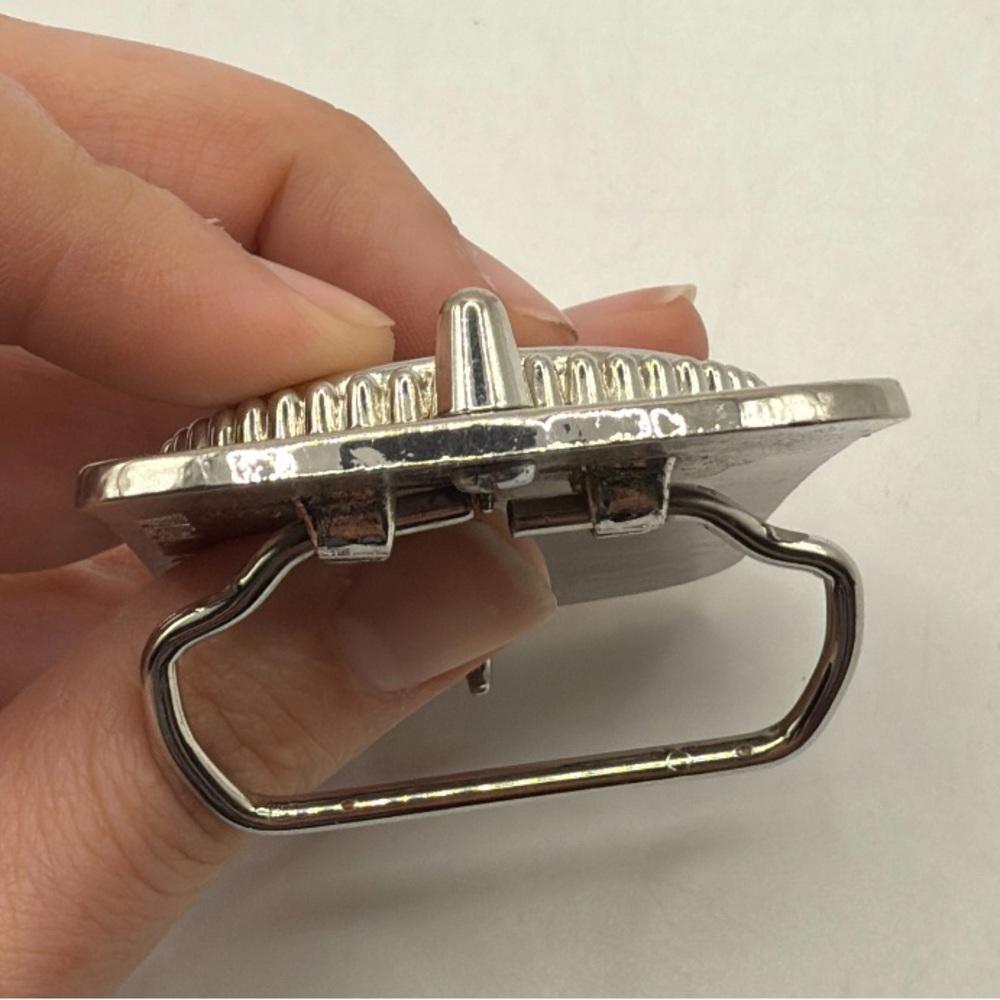 Vintage Silver Tone Black Belt Buckle Marble Stone Design Western Engraved