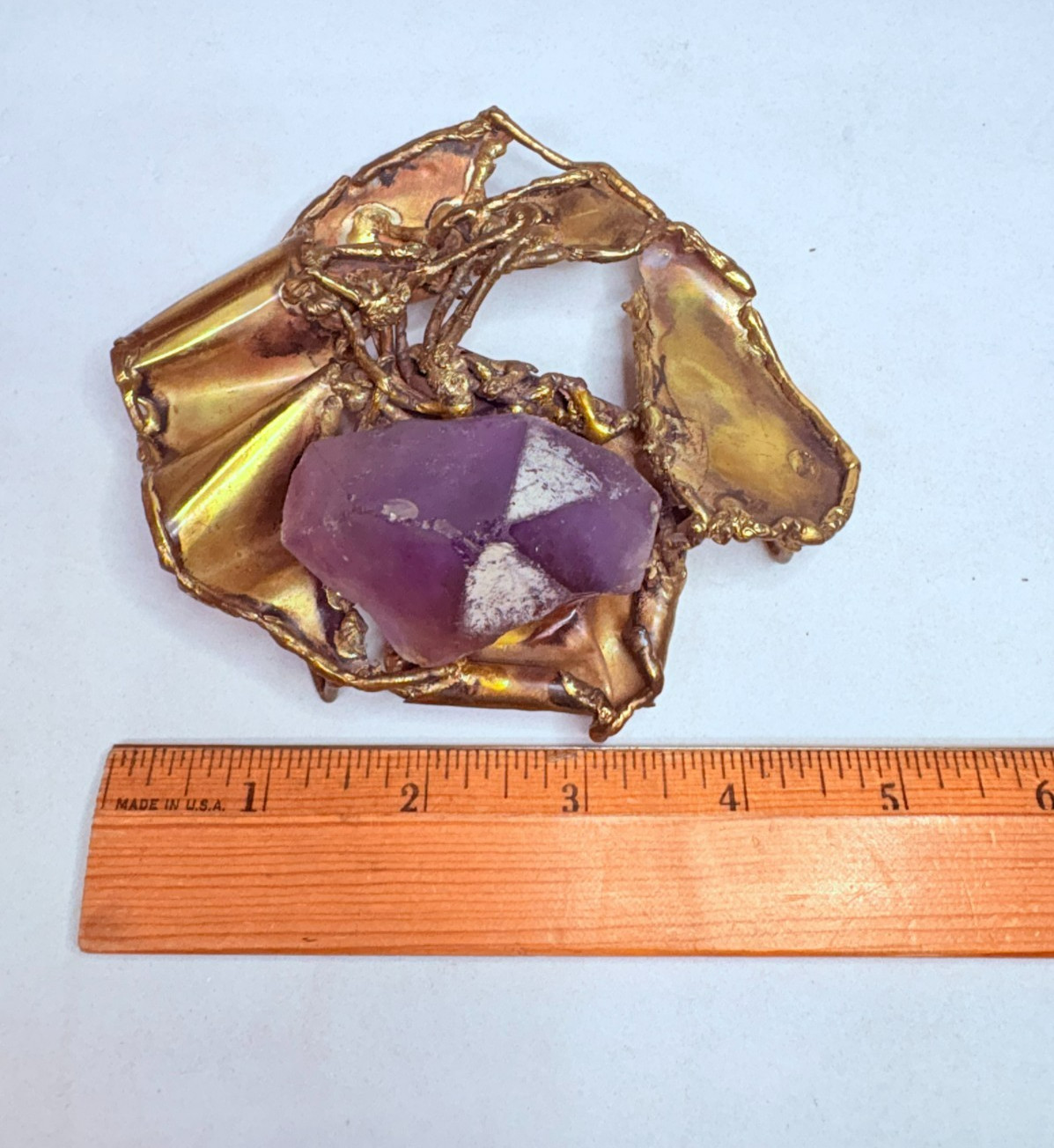 Vintage Brutalist Modern Amethyst Brass Belt Buckle