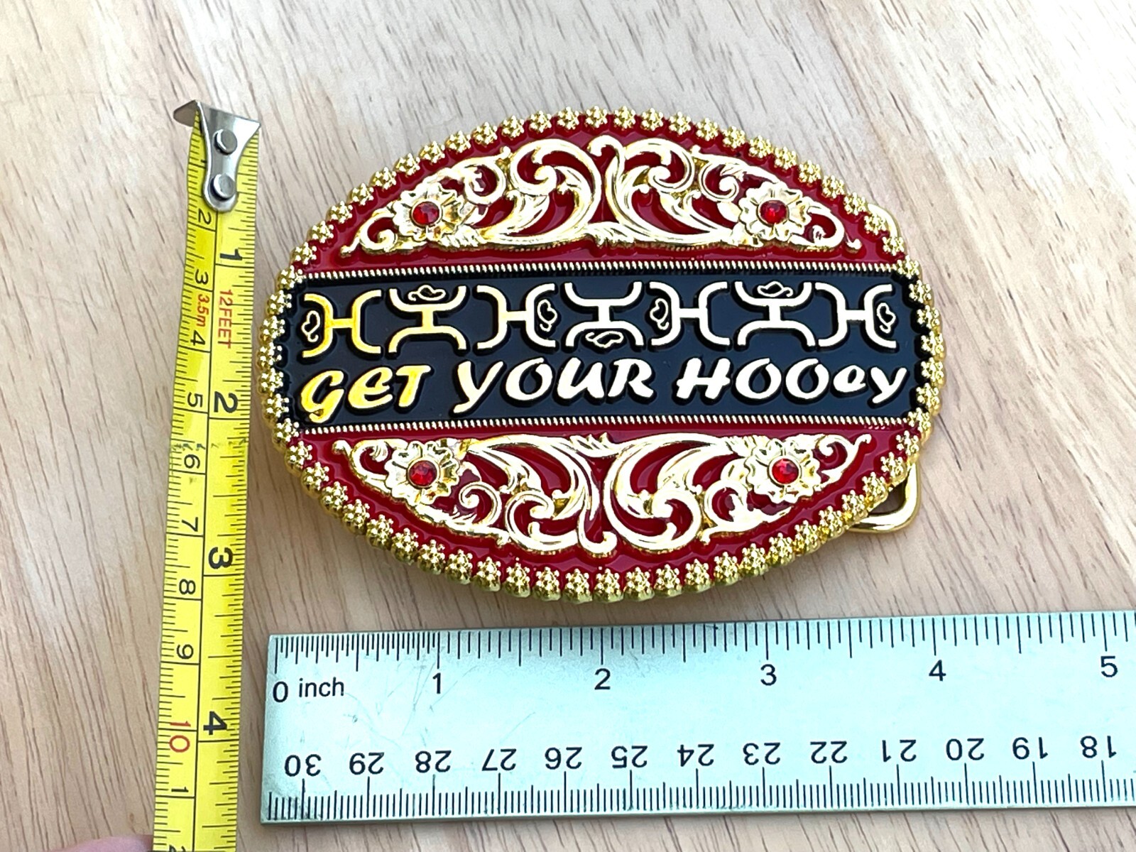 Western Buckle Gold Black Red Cowboy 4×3 for 2 » Hooey Buckle Hebilla Vaquero
