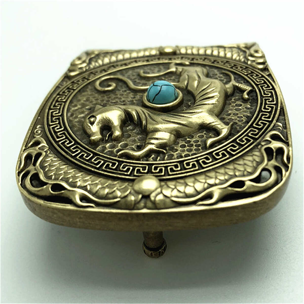 Tiger Turquoise Solid Brass Mens Belt Buckle Western Cowboy Vintage Antique