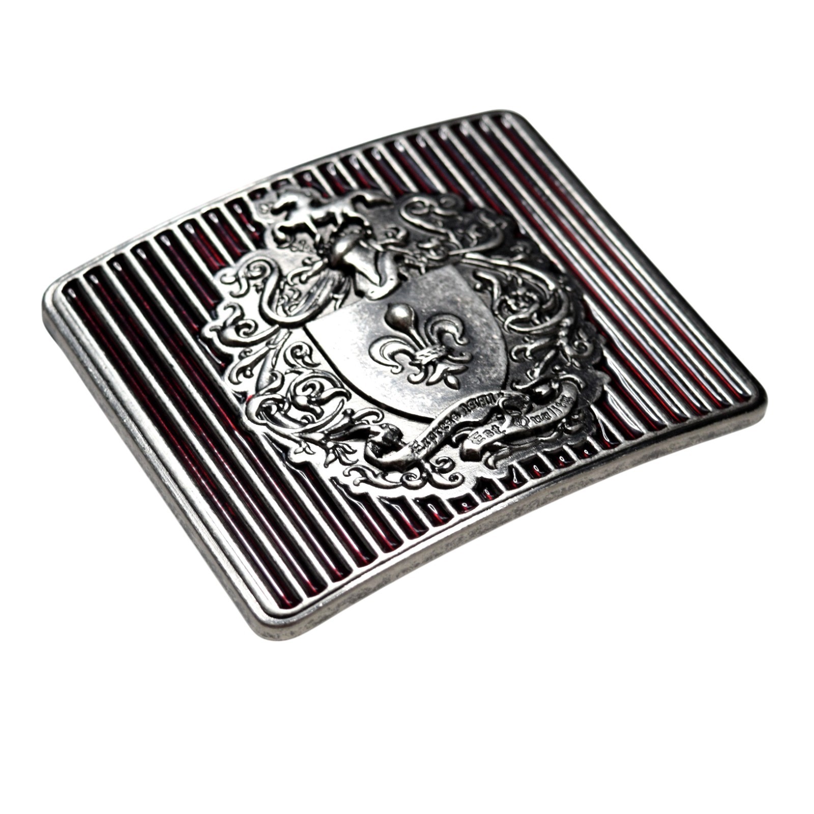 Vintage 1991 Express Buckle 90s Fleur De Lis Red Silvered Medieval Crest Shield
