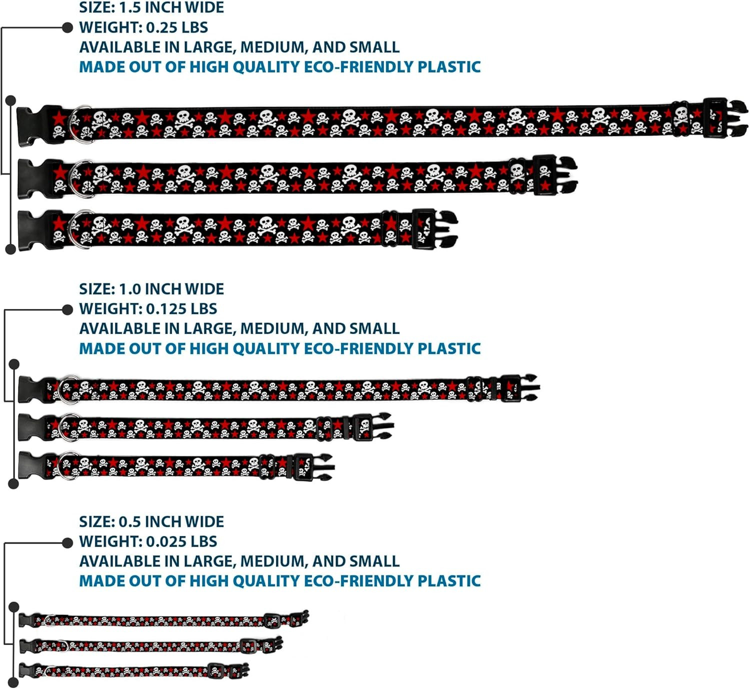 18-32&Prime; Skulls & Stars Black/White/Red Plastic Clip Collar, Wide Large
