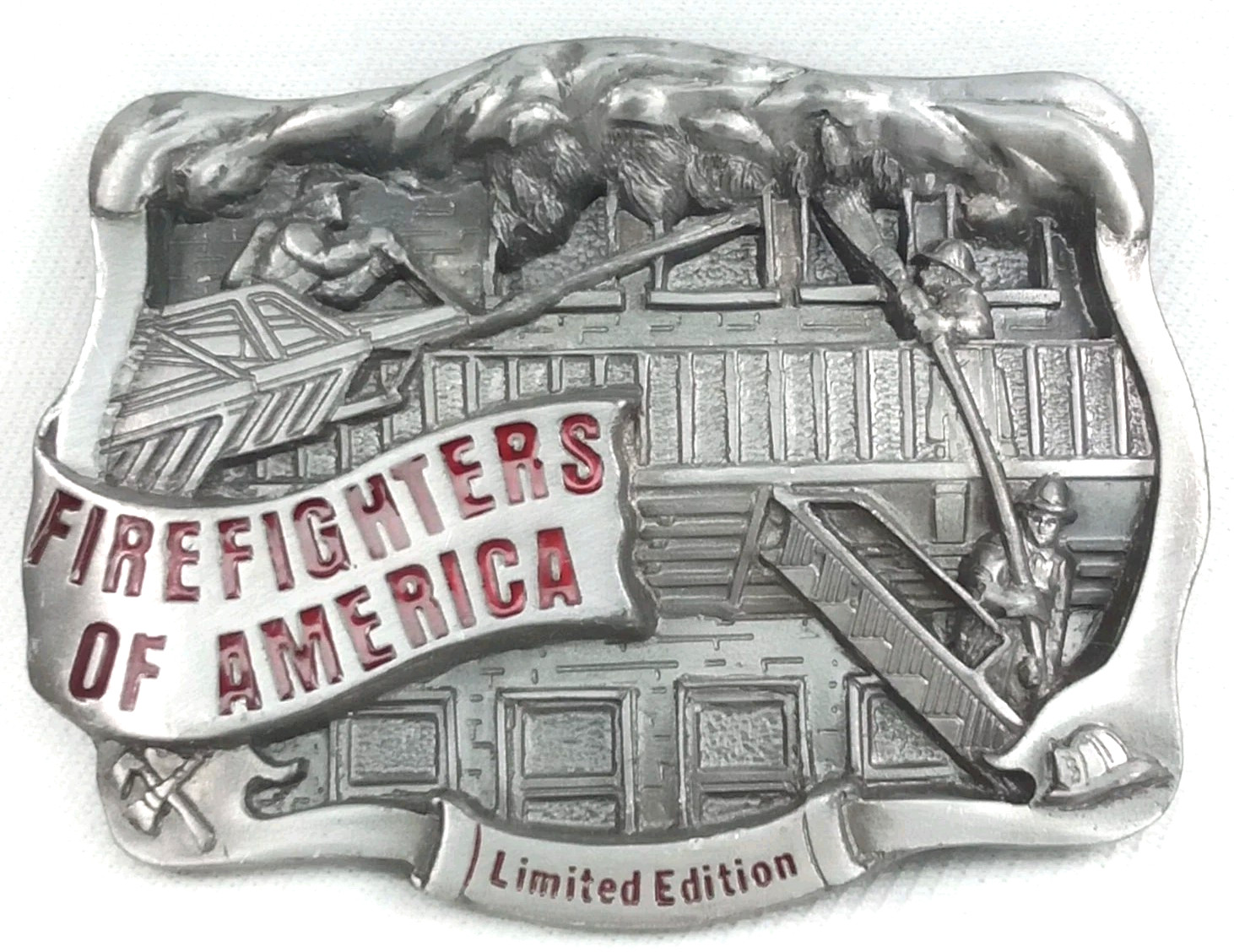 Vintage 1990s Silver & Red Enamel Firefighters Of America Belt Buckle