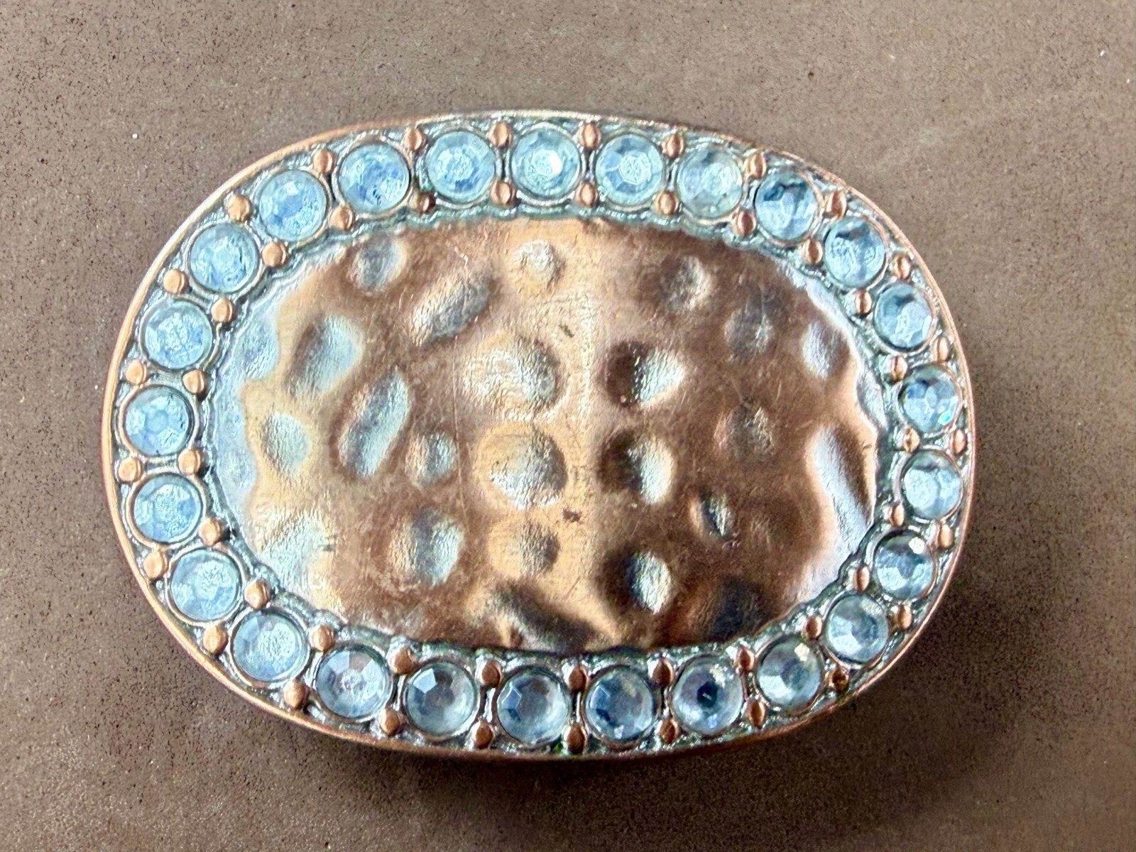 Textured Hammered Metal with Clear Rhinestone Border Modernist Belt Buckle