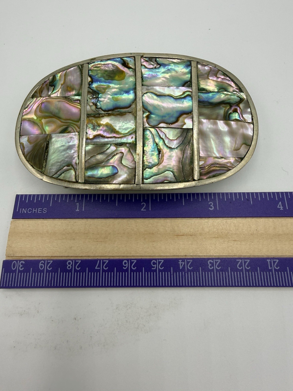 Vintage Mexico Alpaca Silver Belt Buckle Abalone Shell Inlay Oval Western Boho