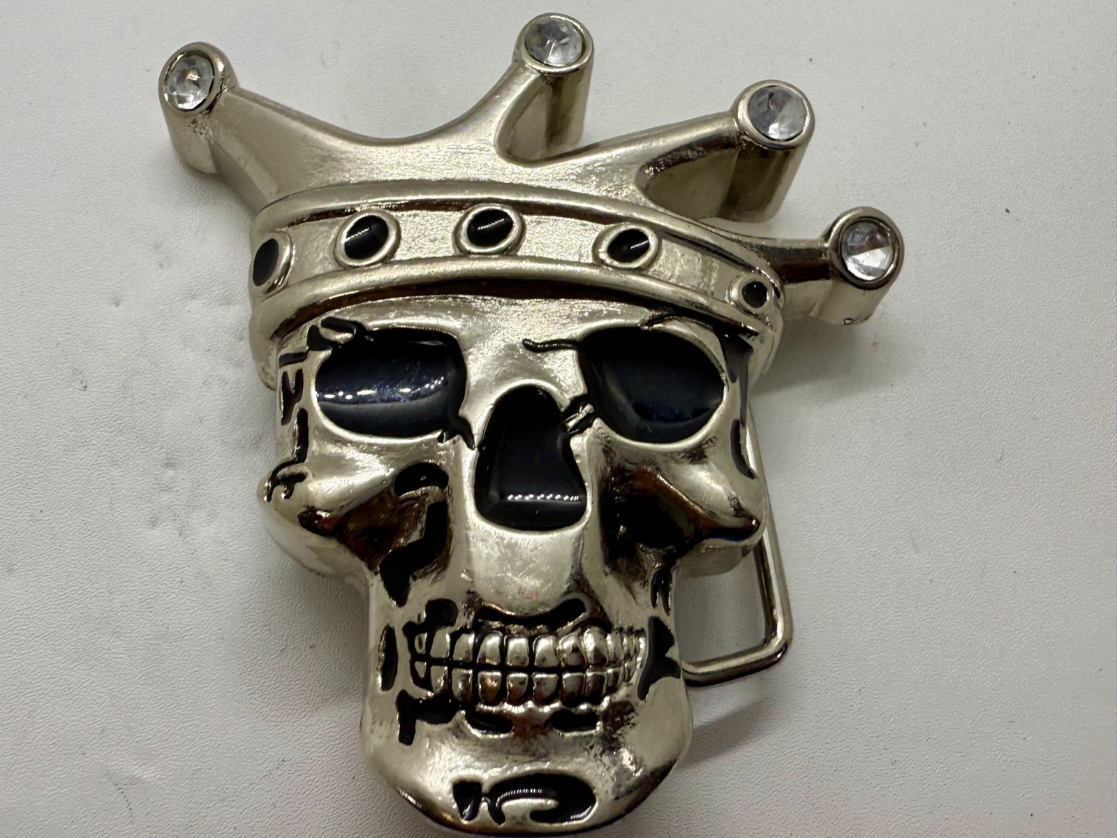 Crowned King Joker Skull Head with Rhinestones Figural Belt Buckle