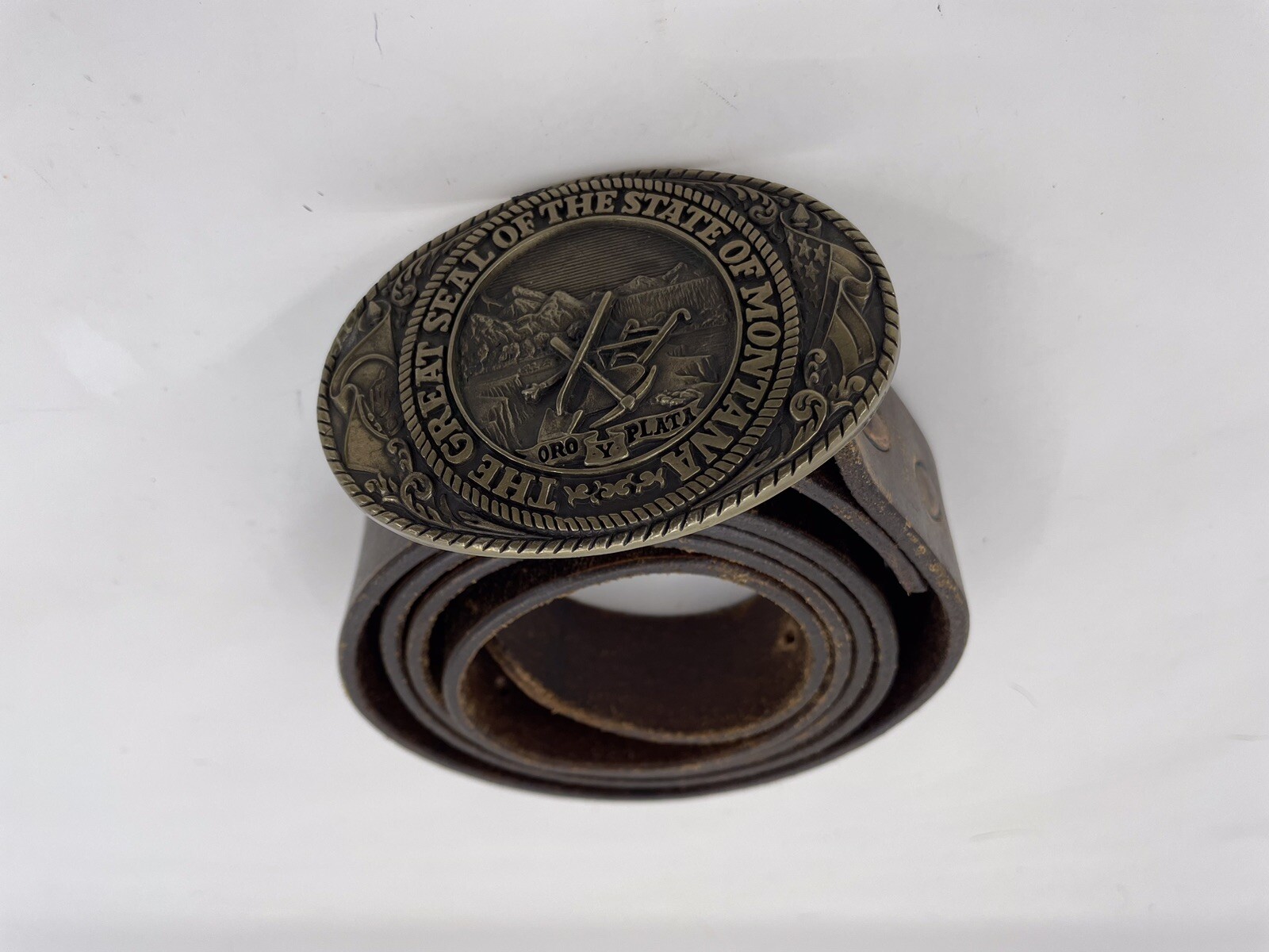 Tony Lama The Great State of Montana Belt Buckle Solid Brass And Leather Belt