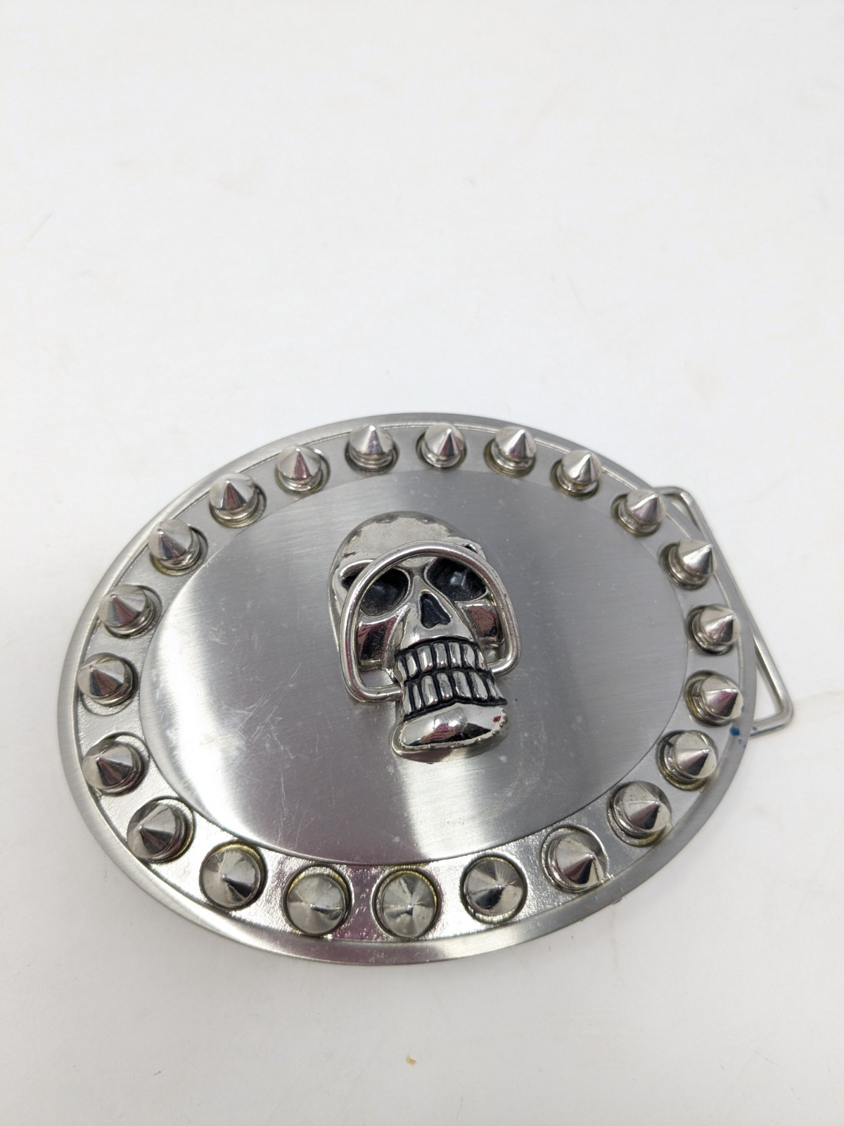 Silver Tone Oval Skull Belt Buckle With Spikes 1.5&Prime; Loop, 3.5&Prime; x 4&Prime; Goth, Biker