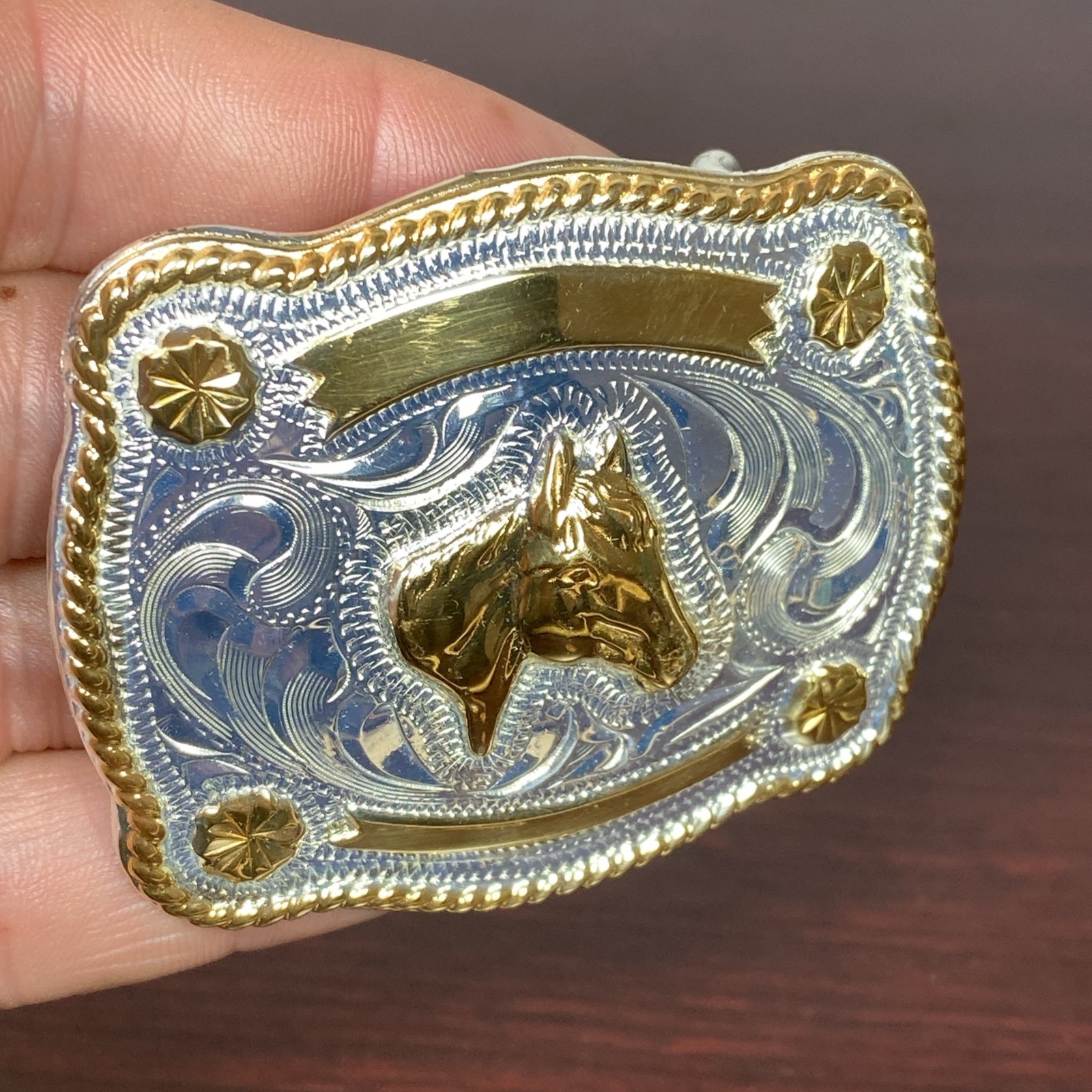 JUSTIN Silver Mexico Horse Head 2-5/8”x2-1/8” Belt Buckle SHINY GOLD SILVER Tone