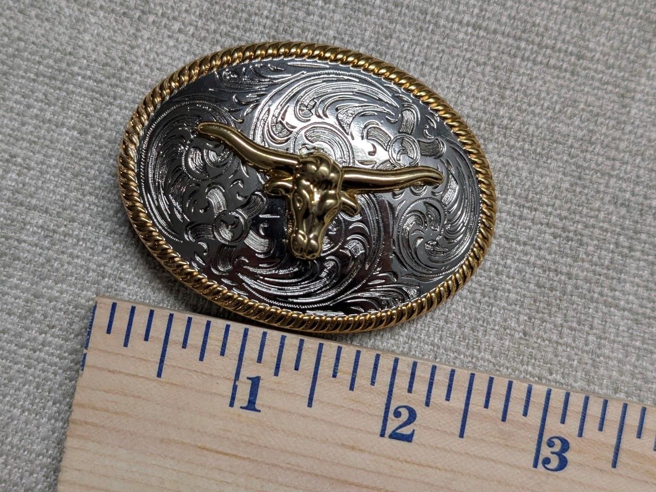 vintage style WESTERN belt buckle LONG HORN steer COWBOY gold/silver RODEO