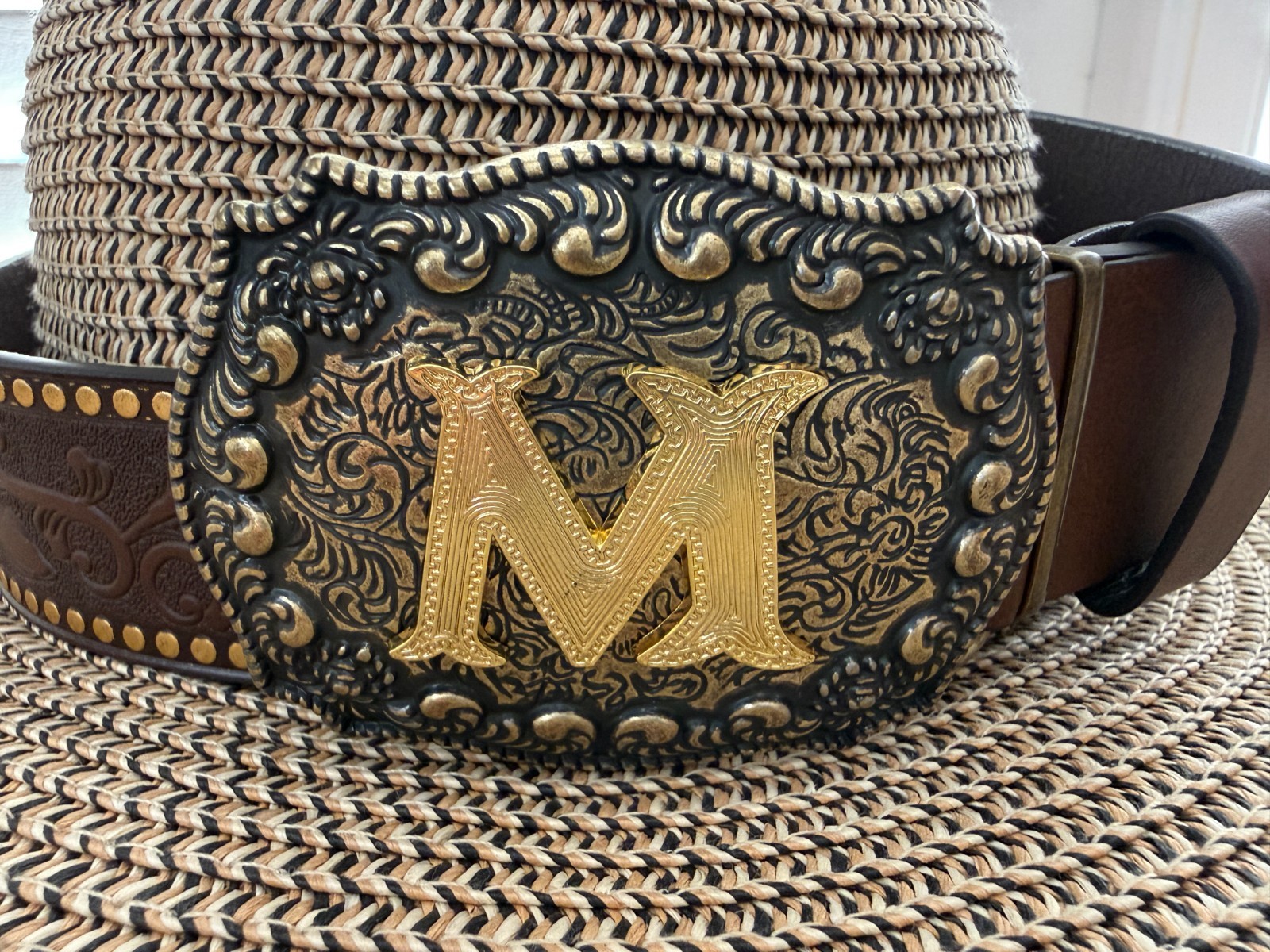 Antiqued Silver Letter Initial M Gold Classic Rectangle Flower Belt Buckle