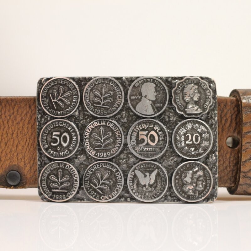 Vintage Belt Buckle with German Penny Coins Motif Metal in Retro Style