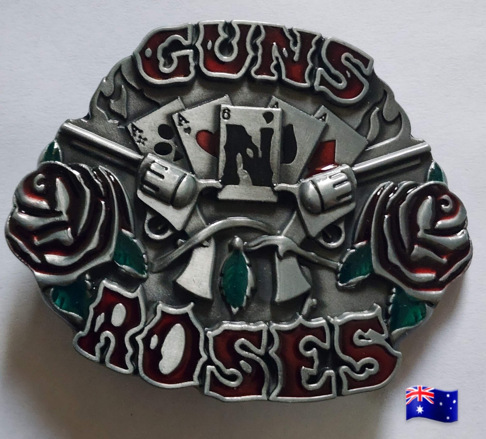 Belt Buckle &lsquo;Poker Gun & Roses &lsquo; Size: 7.5cm x 6.5cm Suits 4cm Belt Width