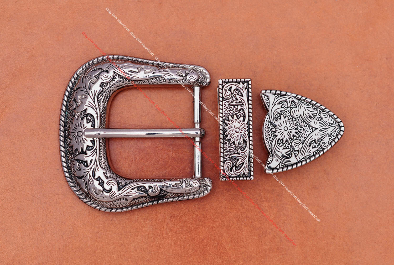 Western Engraved Silver Equestrian Tack Bridle/Halter Belt Buckle 3pc Set 1-1/2&Prime;