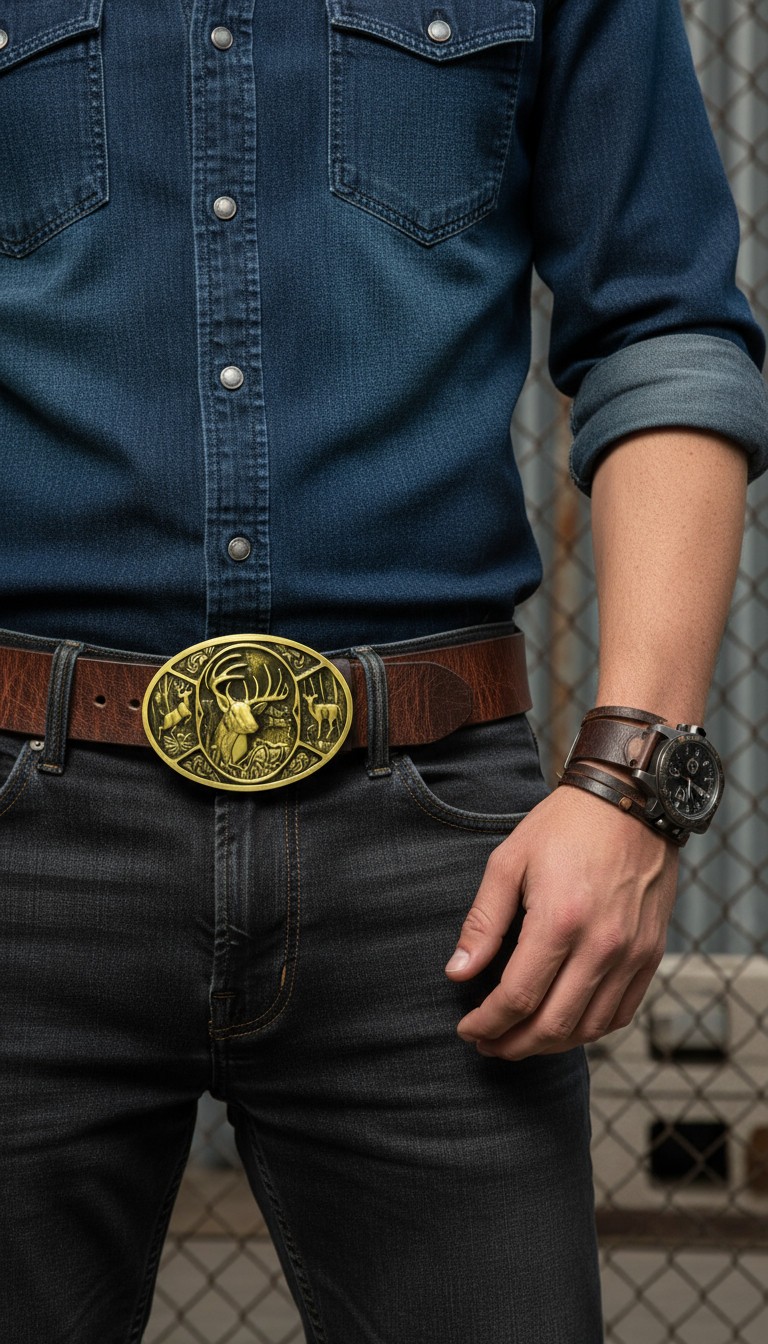 Men Dark Gold Metal Belt Buckle Deer Nature Western Fashion Accessory Day Night