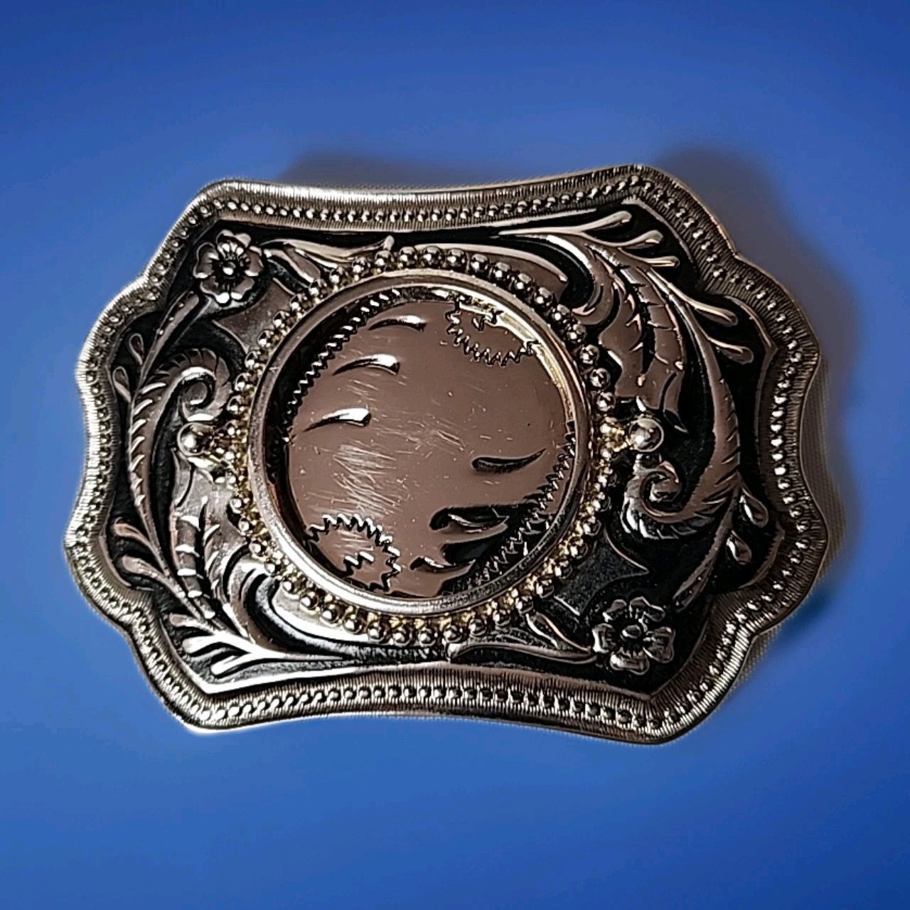 New Vintage Western Silver Engraved Belt Buckle Floral Scroll Cowboy Ornate NWOT