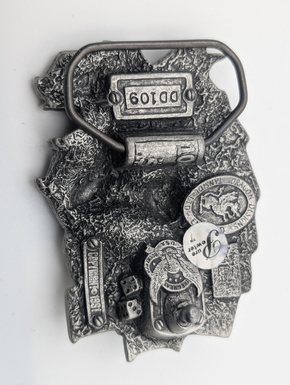 Vintage 1991 Lady Luck Belt Buckle – Dragon Designs Pewter Pin-Up Gambler DD109