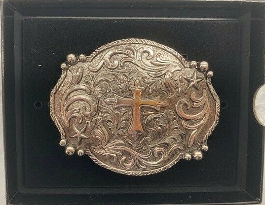 AndWest Scalloped Varied Edge Cross with Scrolls Antique Silver Belt Buckle- NEW