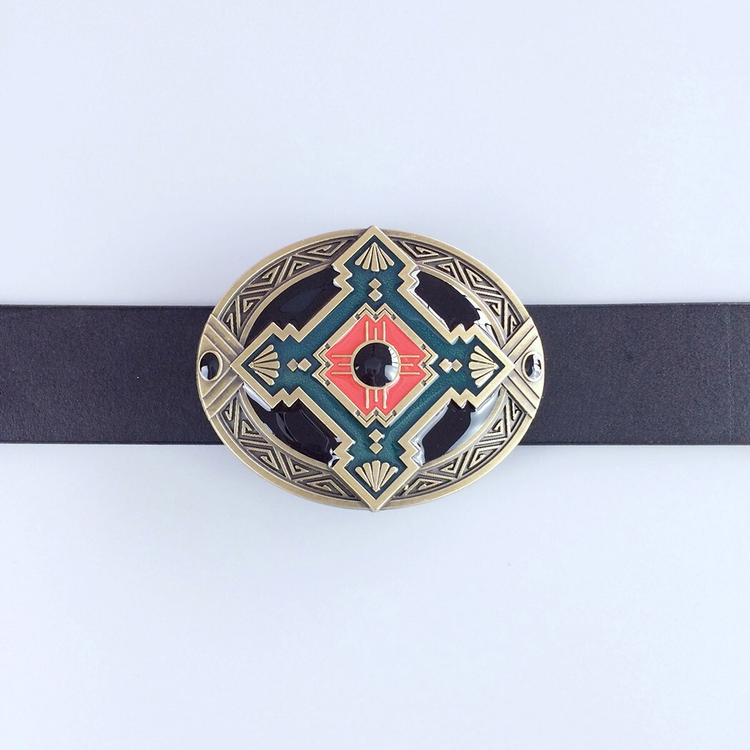 Vintage Bronze Plated Cross Celtic Knot Southwest Enamel Oval Belt Buckle