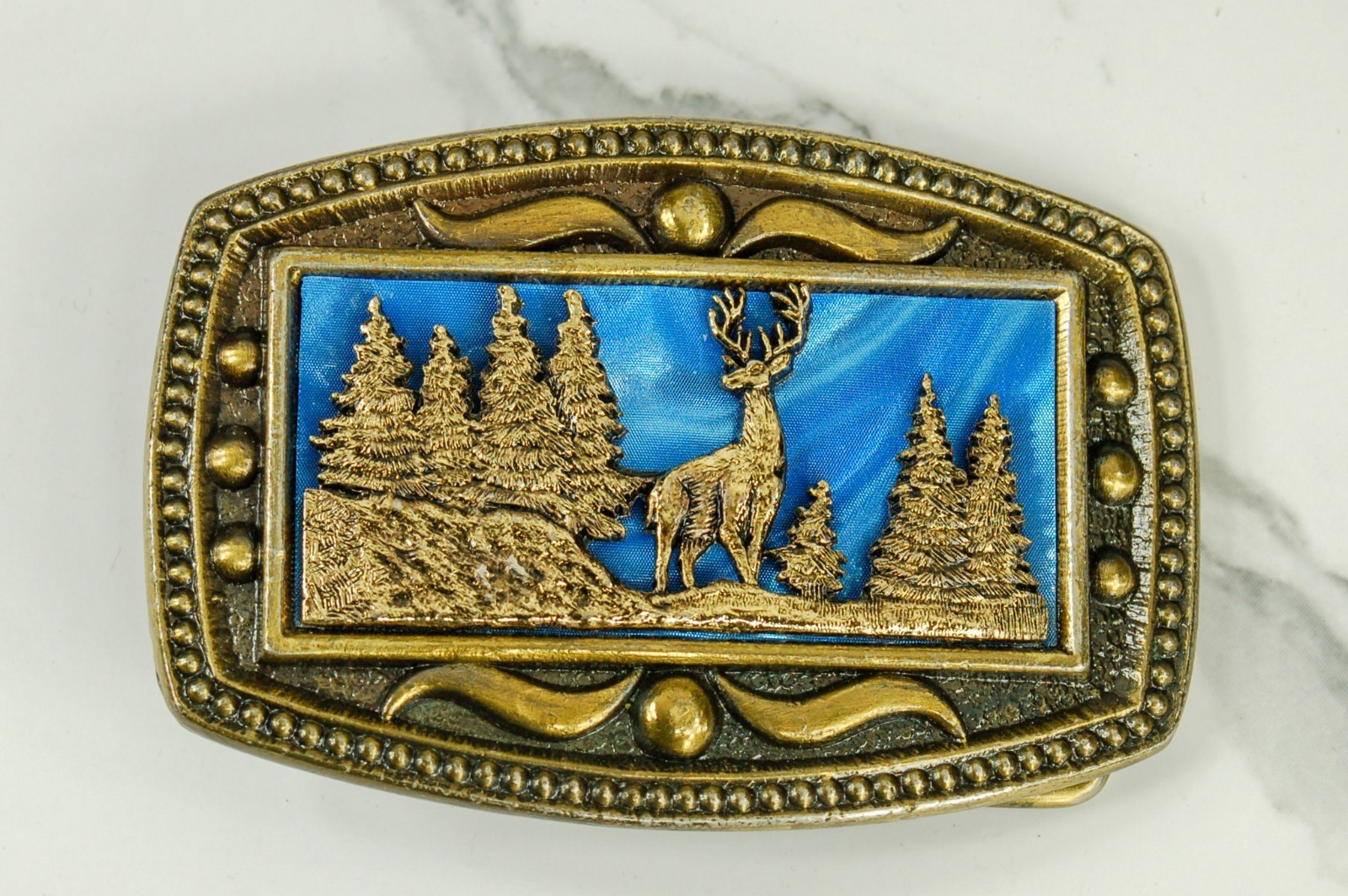 Stag and Trees in Moonlight brass belt buckle western