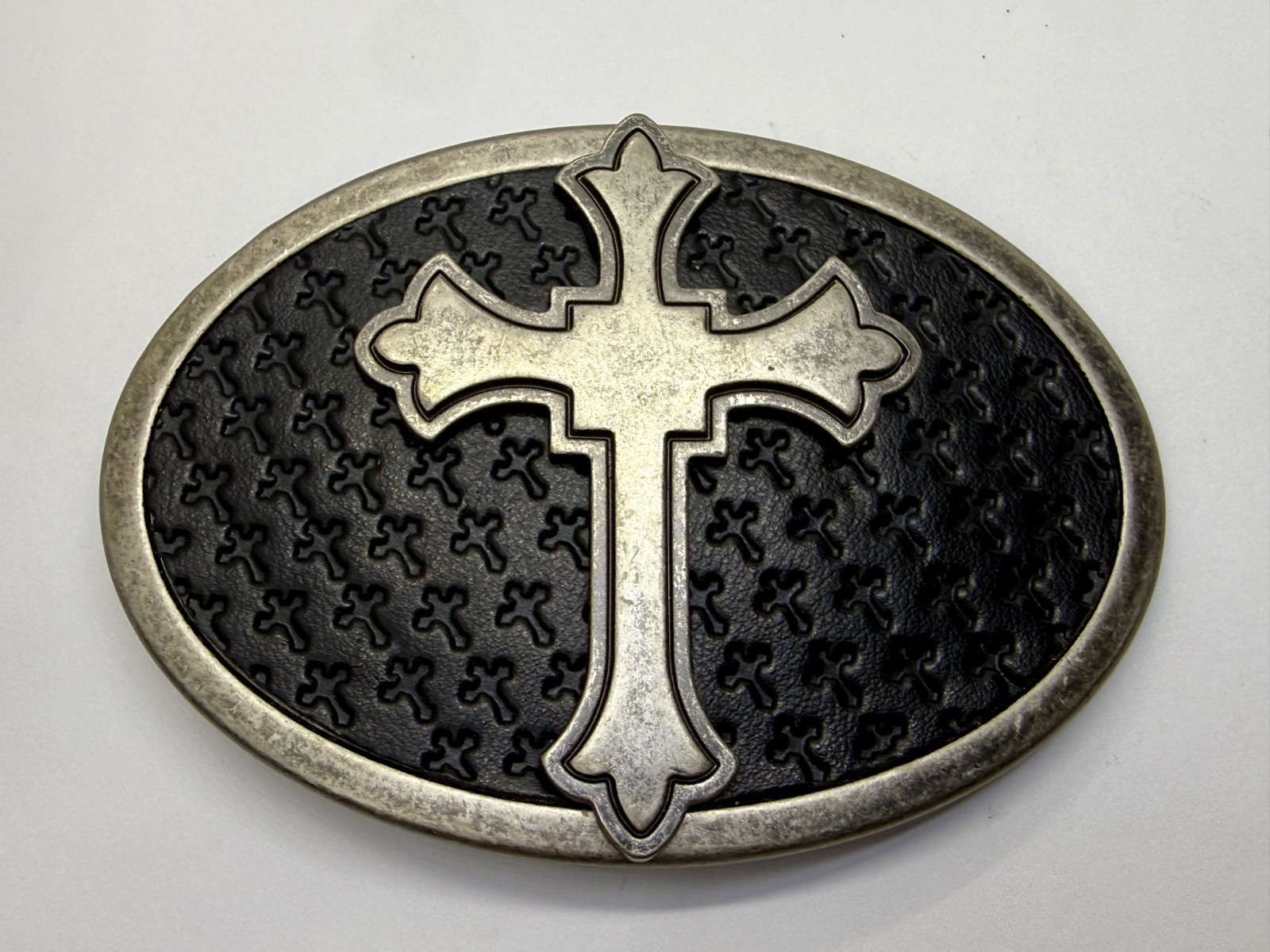 Centered Iron Cross Religious Gothic Punk Vibe Faux Leather on Metal Belt Buckle