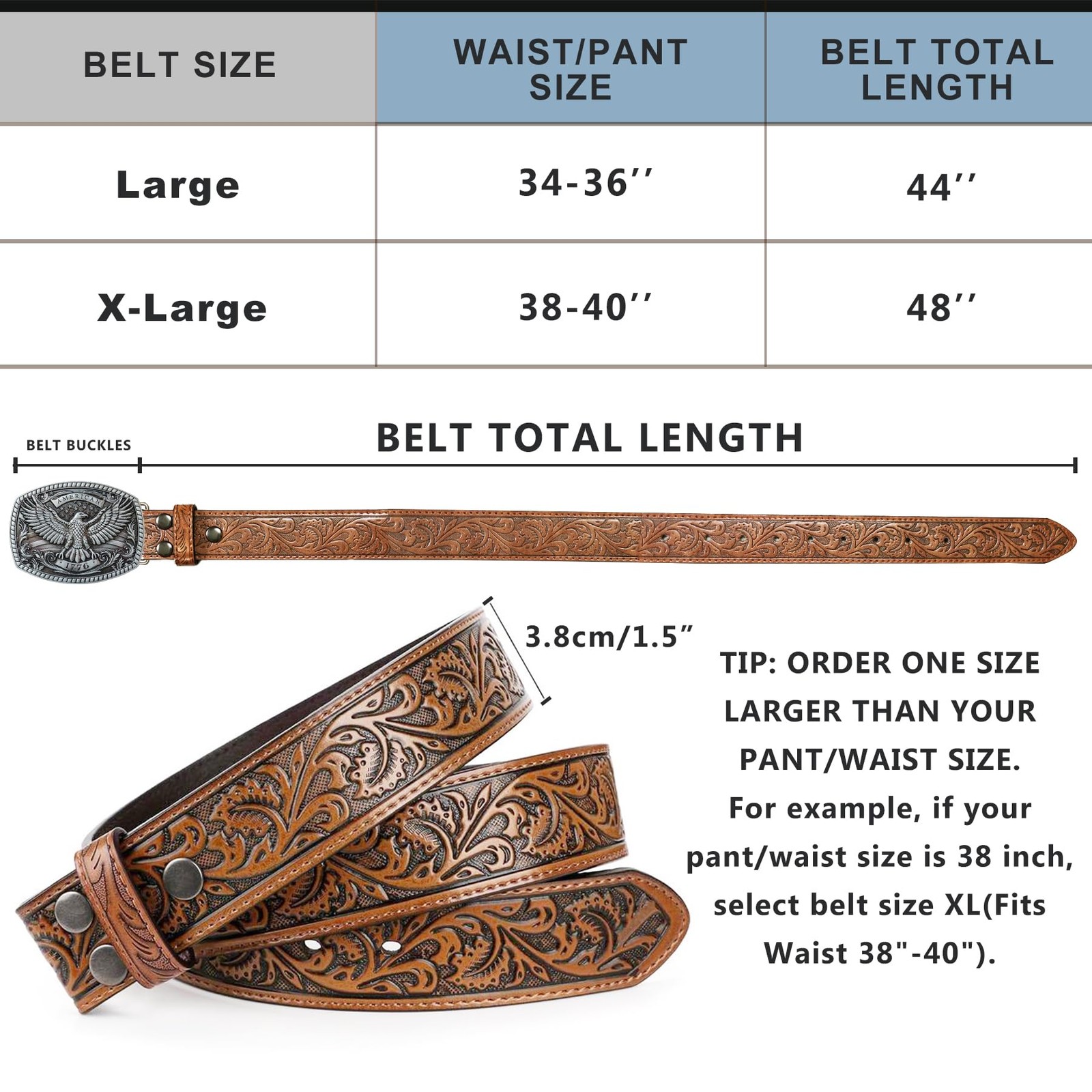 Brown Western Belts for Men Wasit 34&Prime;-36&Prime;, Silver Eagle/ Belt