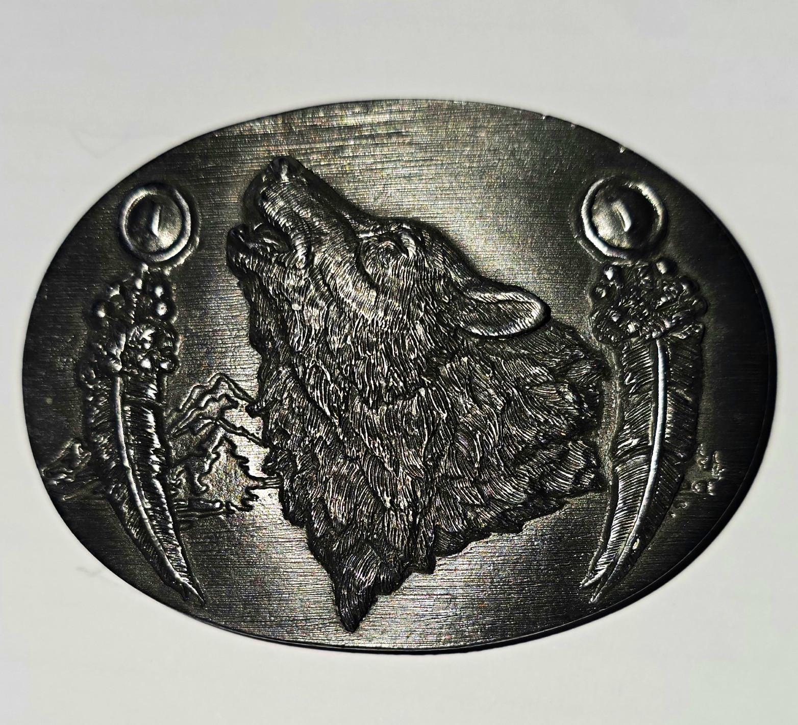 Vintage 1993 Siskiyou Pewter Howling Wolf Spirit Belt Buckle Feathers O-8