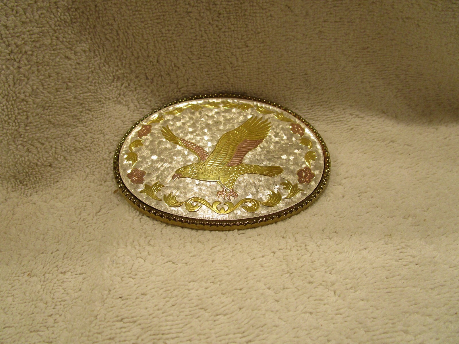 Unique American Eagle Western Belt Buckle Three Tone Silver Gold Rose Tones