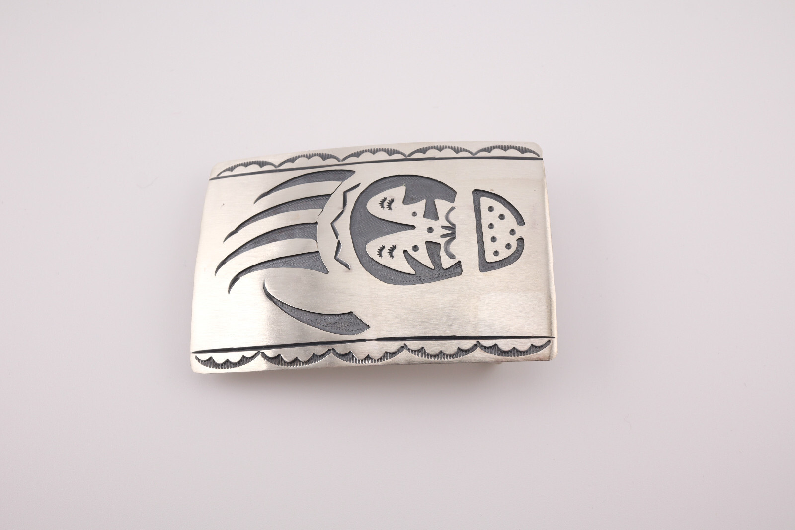 Handcrafted Navajo Belt Buckle Sterling Silver Bear Paw Overlay Design Signed