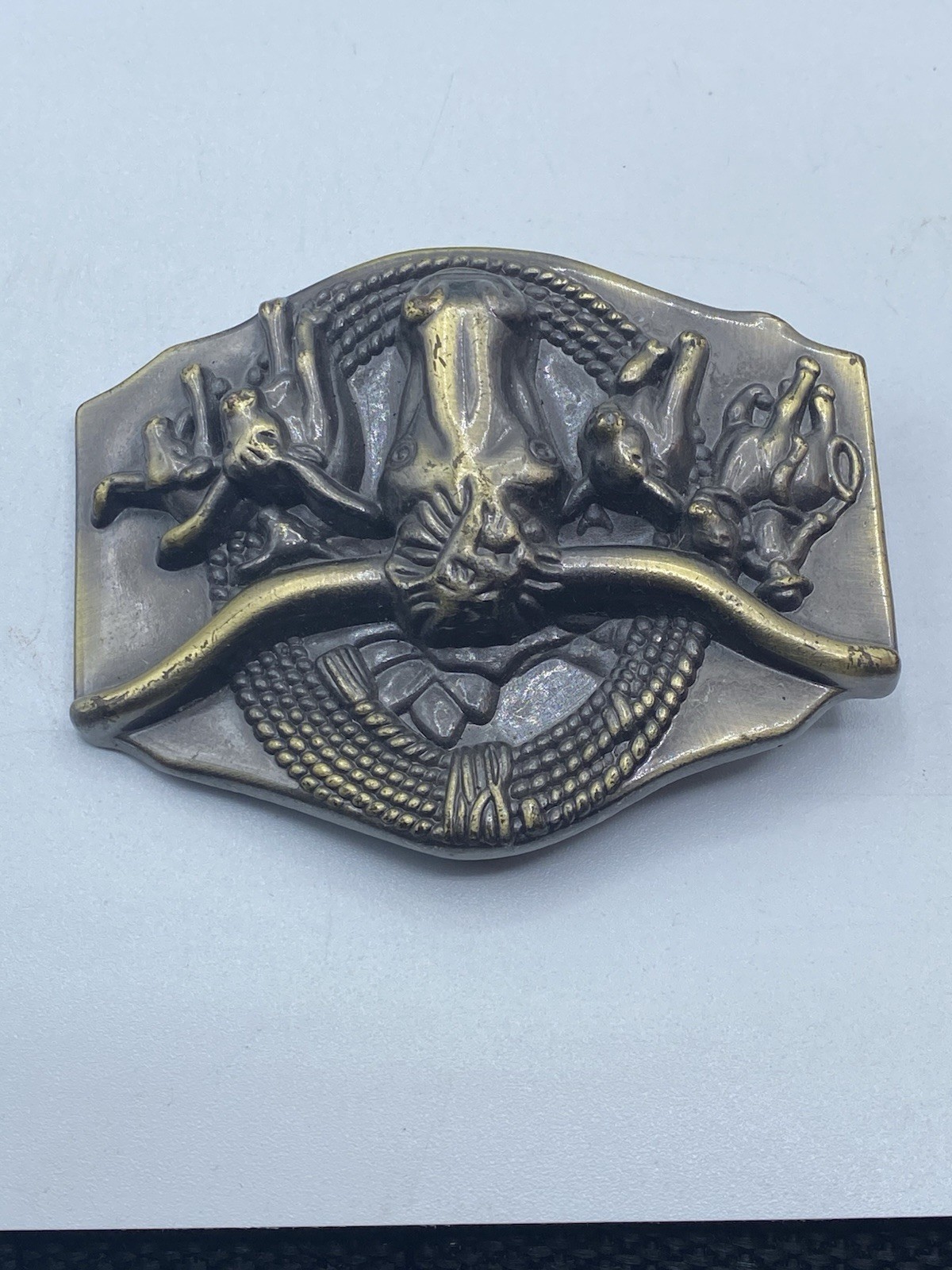 3D Texas Longhorn Bulls Rope Cattle Drive Brass Metal Belt Buckle 3 1/4 x 2 1/2&Prime;