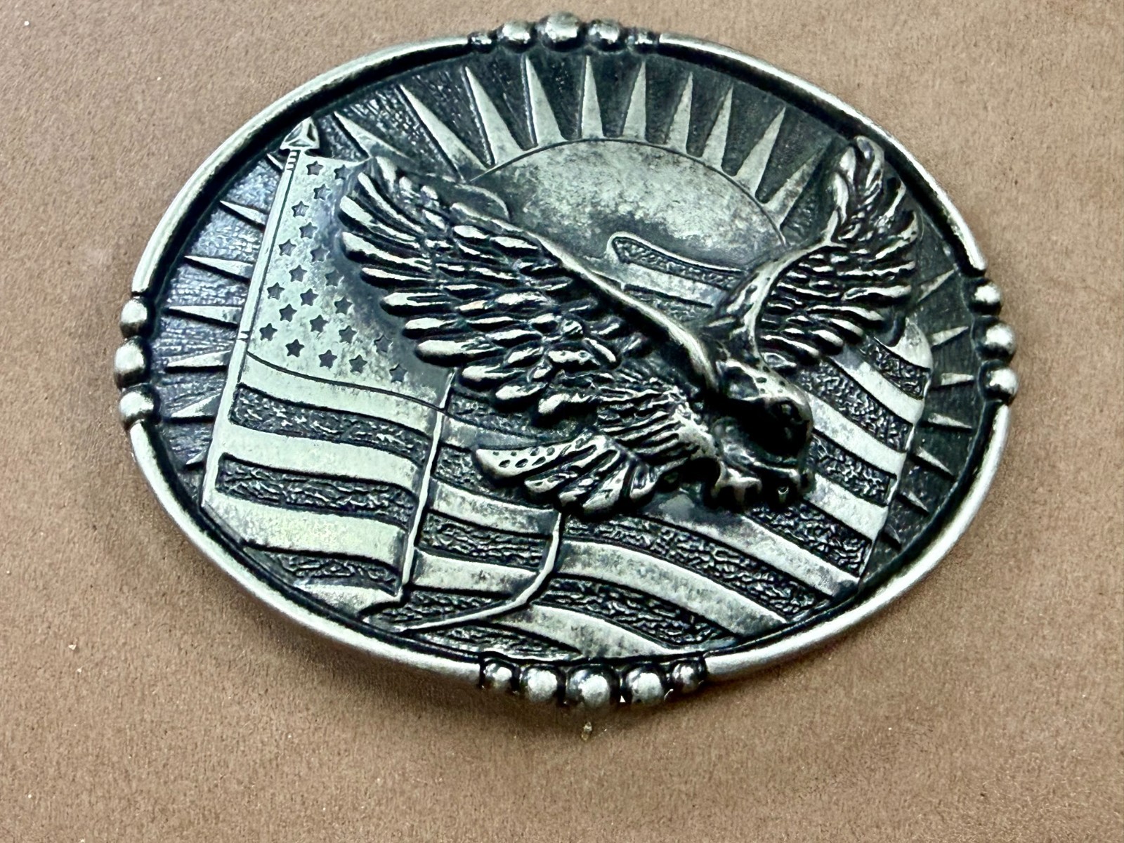 USA American Eagle Soaring Over Flag Sunrise Sunshine Patriotic Belt Buckle