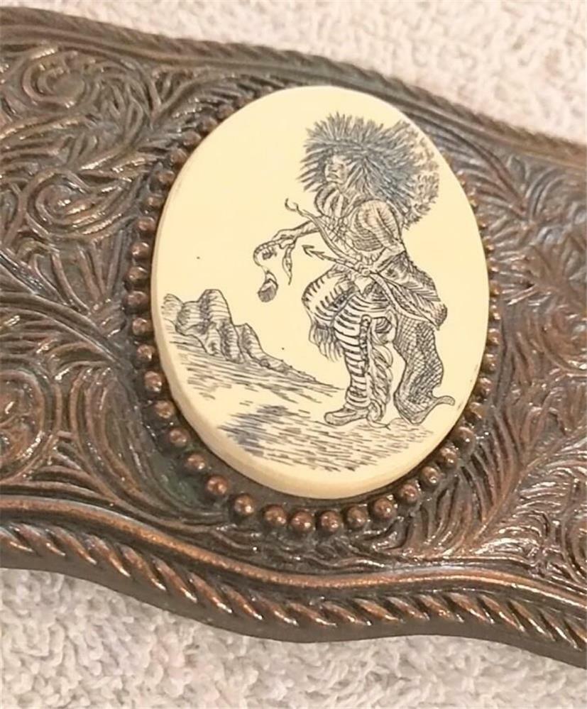 Vintage Simulated Scrimshaw Bronze Look Belt Buckle Detailed Indian Dancer RARE